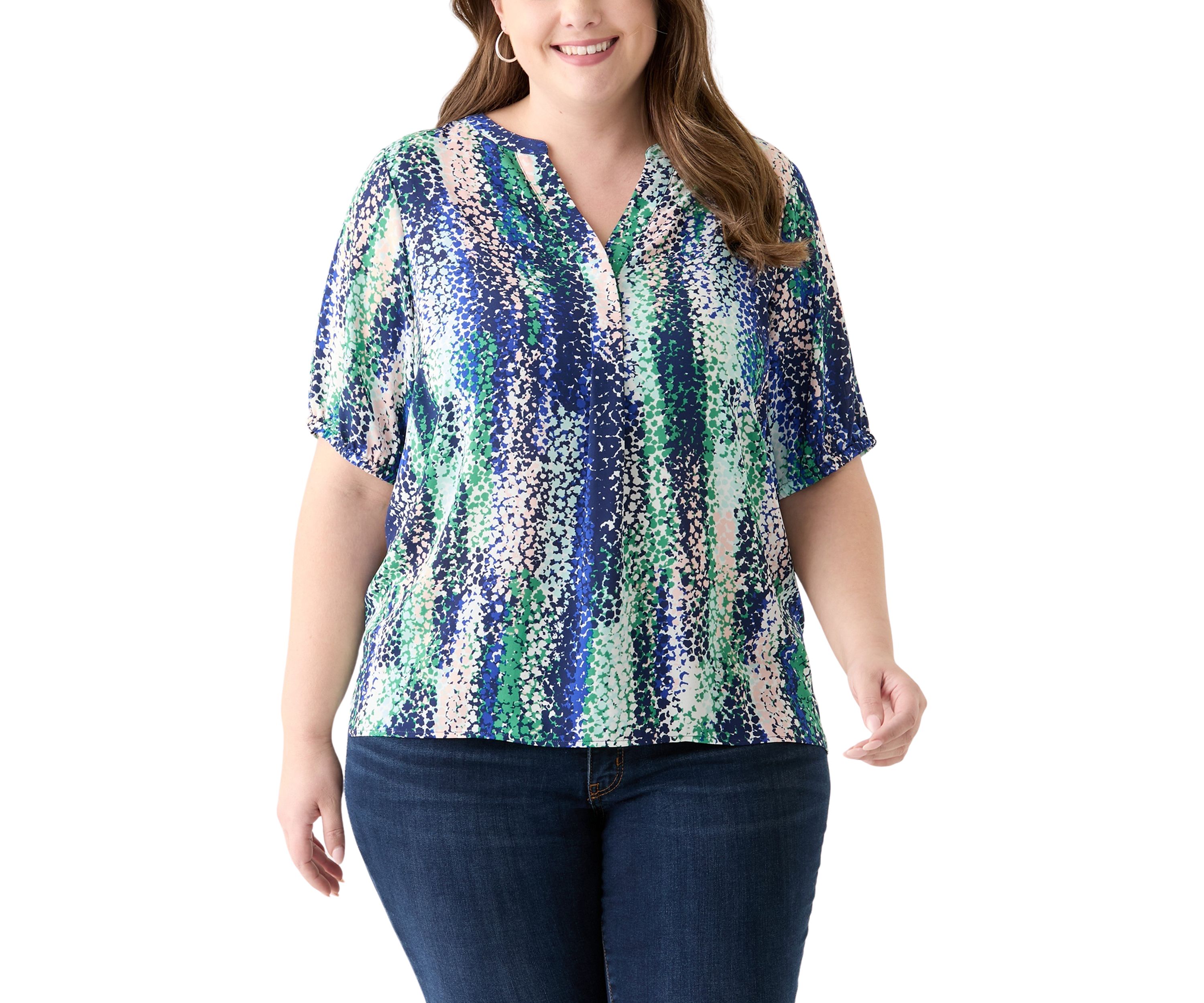 Plus Size Elbow Sleeve Split Neck Woven Blouse 