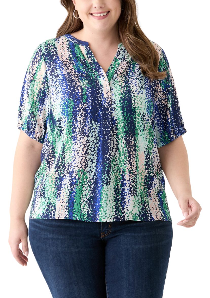 Plus Size Elbow Sleeve Split Neck Woven Blouse 