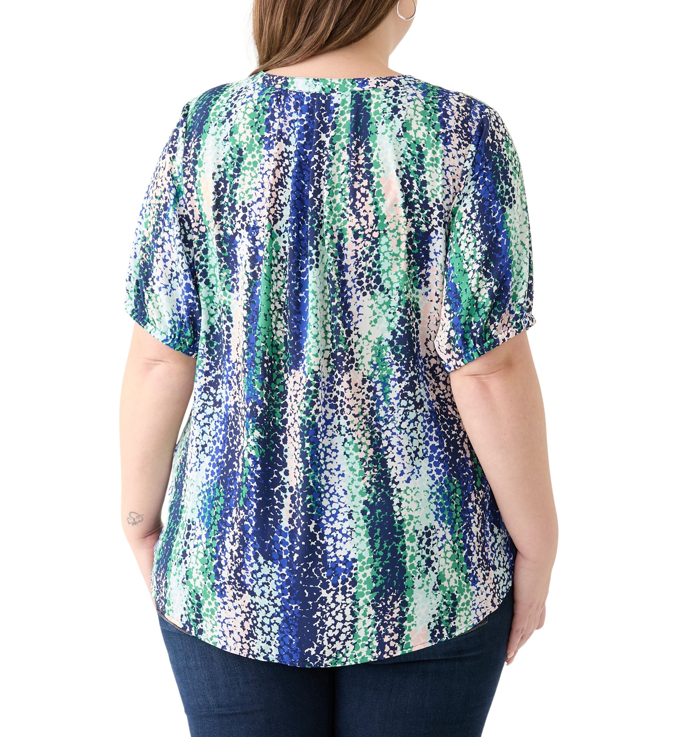 Plus Size Elbow Sleeve Split Neck Woven Blouse 