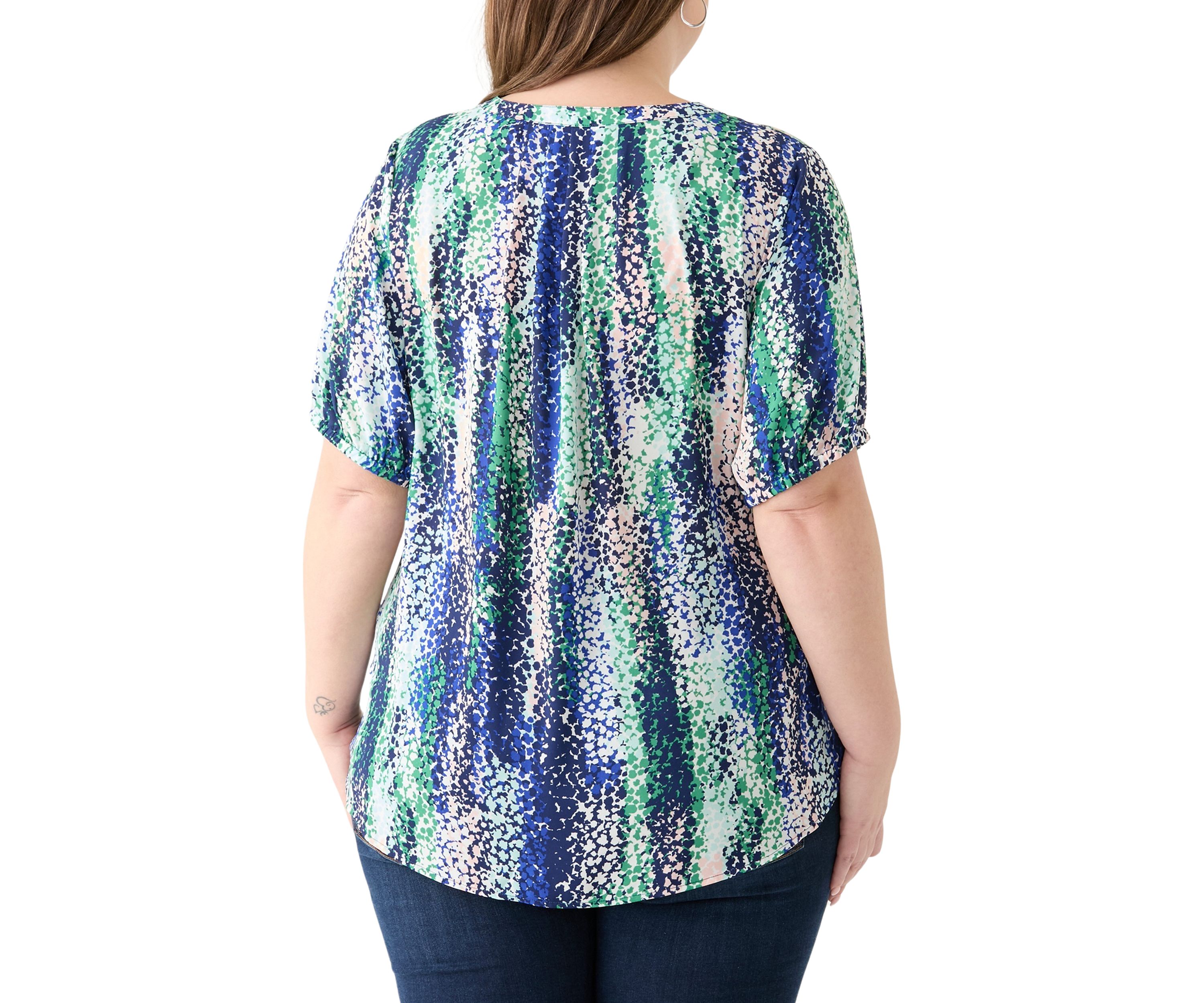 Plus Size Elbow Sleeve Split Neck Woven Blouse 