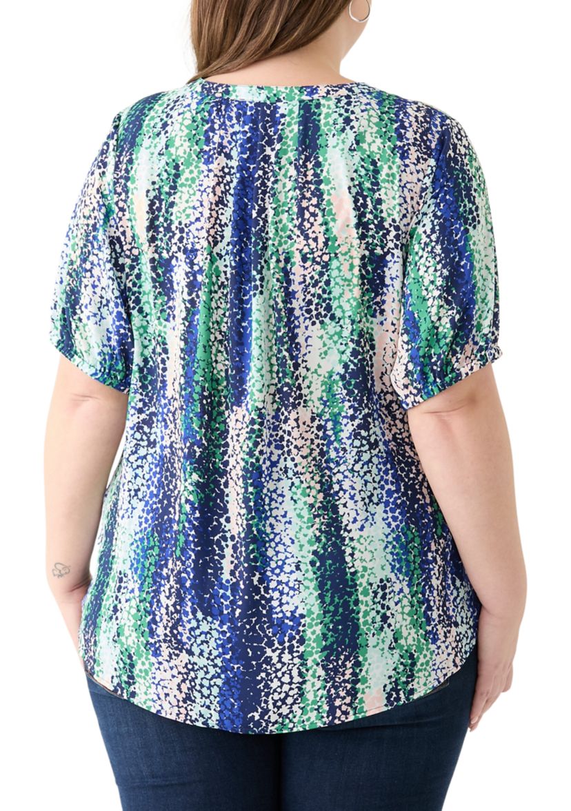 Plus Size Elbow Sleeve Split Neck Woven Blouse 