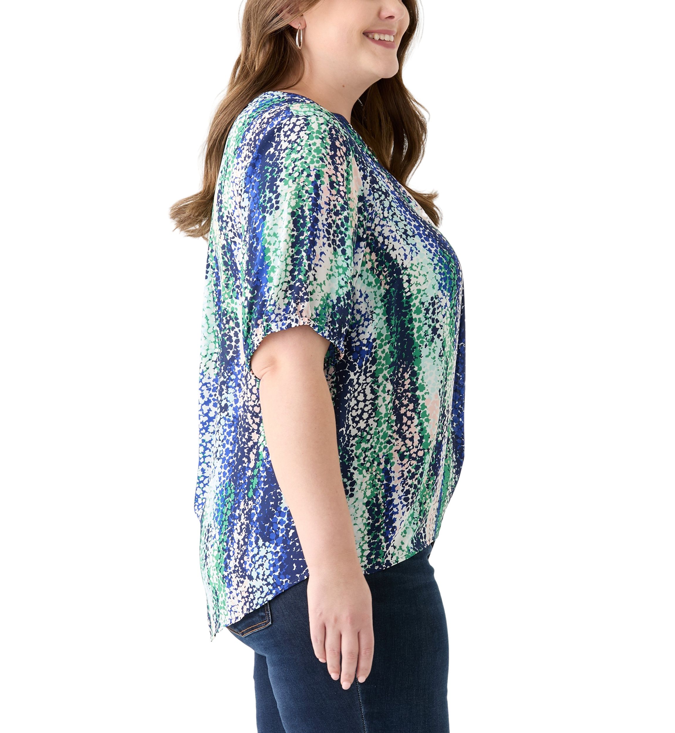 Plus Size Elbow Sleeve Split Neck Woven Blouse 