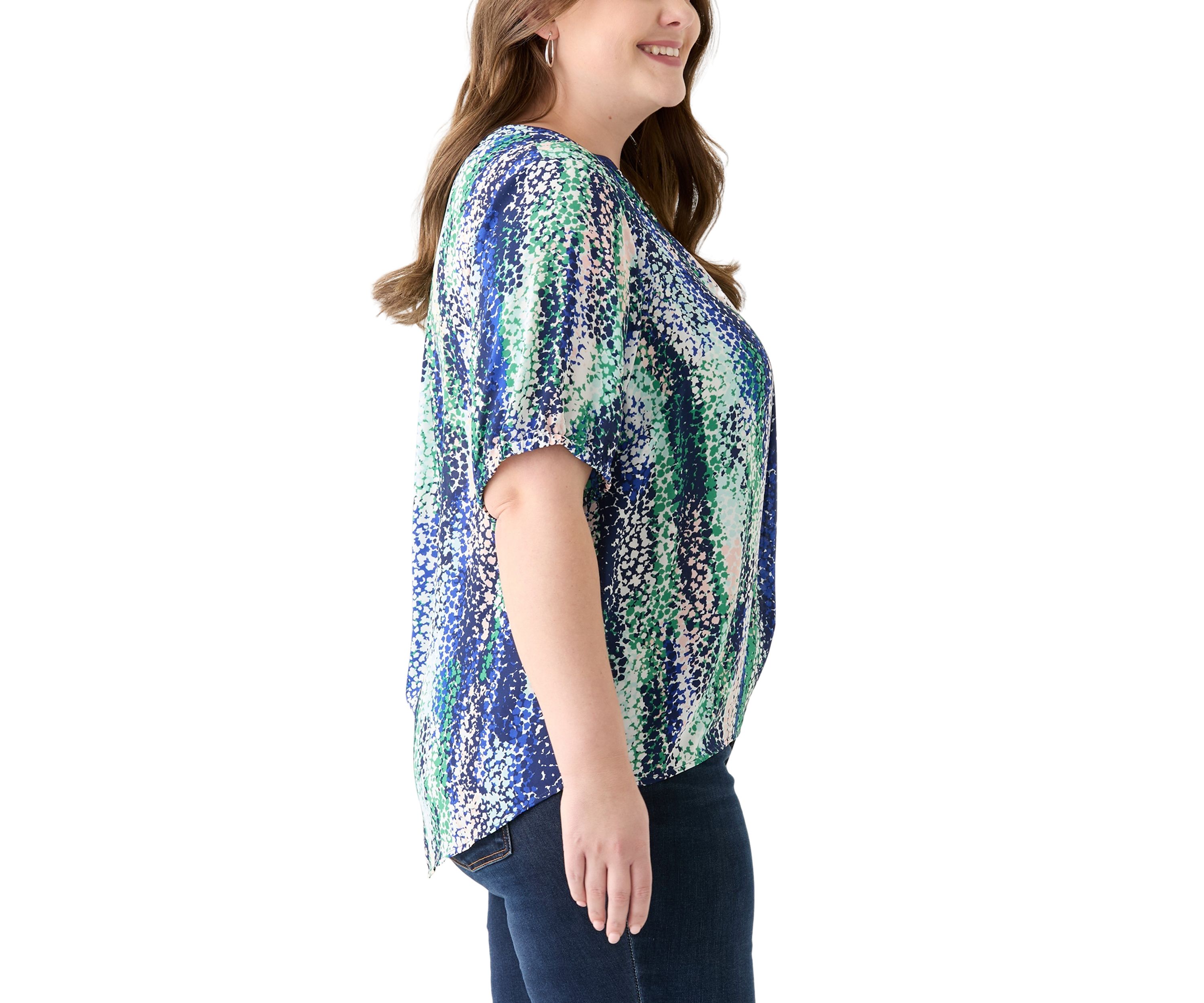 Plus Size Elbow Sleeve Split Neck Woven Blouse 