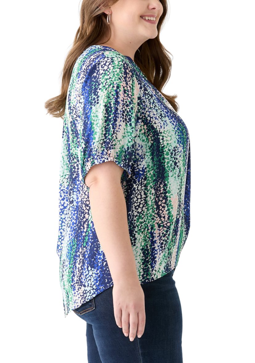 Plus Size Elbow Sleeve Split Neck Woven Blouse 
