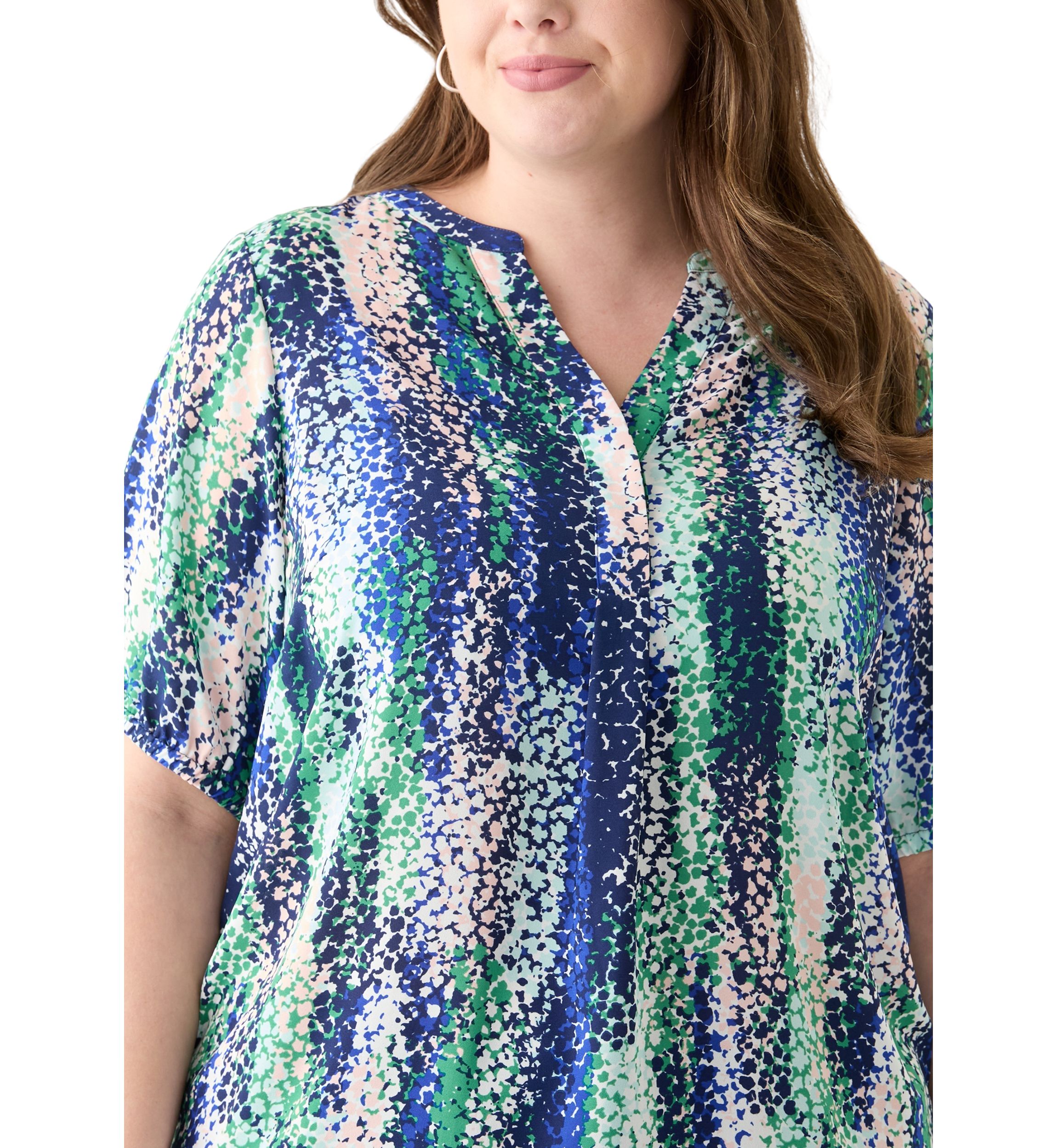 Plus Size Elbow Sleeve Split Neck Woven Blouse 
