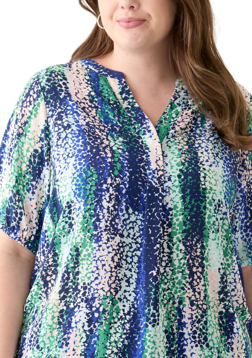 Plus Size Elbow Sleeve Split Neck Woven Blouse 