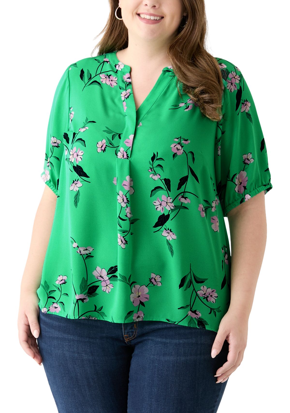 Plus Size Elbow Sleeve Split Neck Woven Blouse