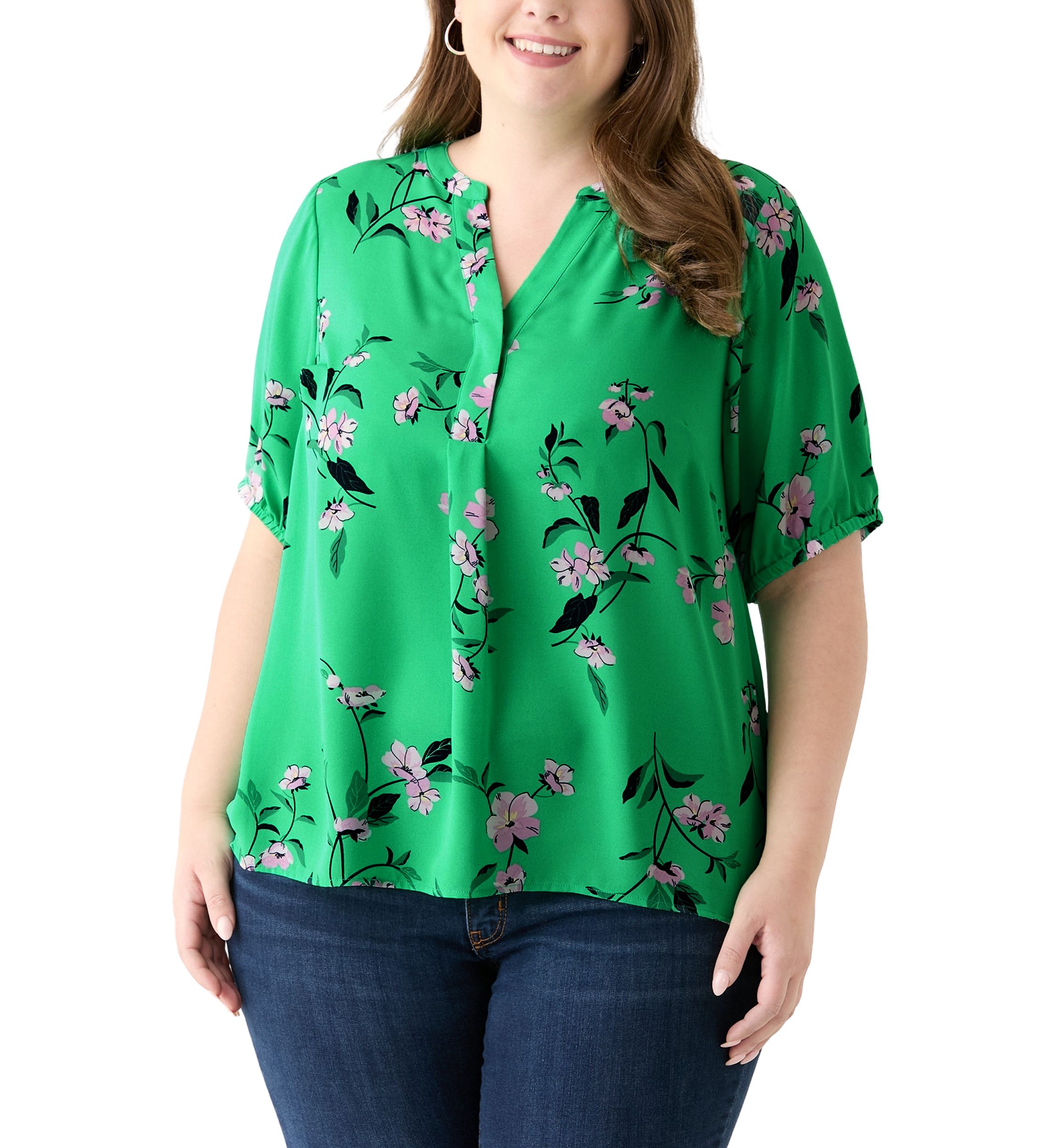 Plus Size Elbow Sleeve Split Neck Woven Blouse