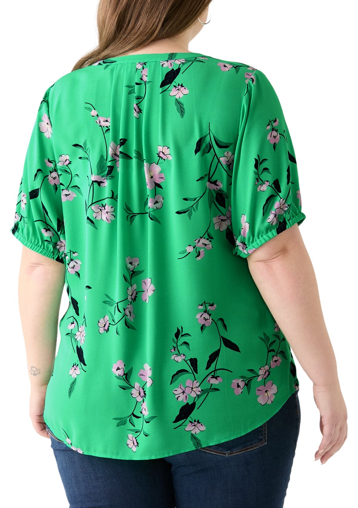 Plus Size Elbow Sleeve Split Neck Woven Blouse