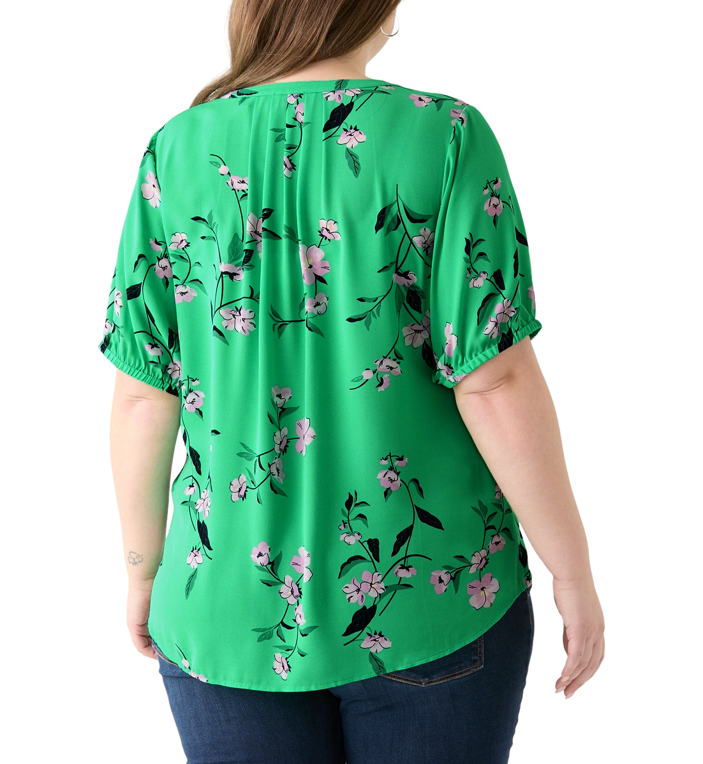 Plus Size Elbow Sleeve Split Neck Woven Blouse