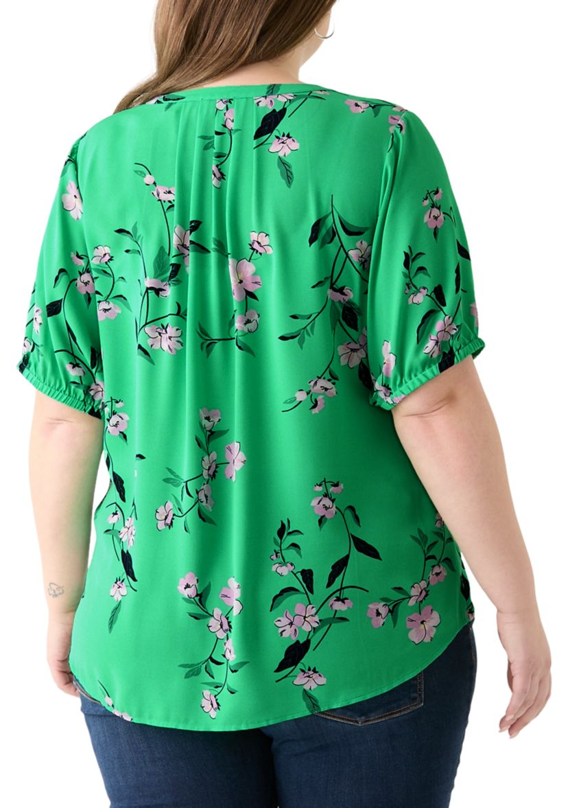 Plus Size Elbow Sleeve Split Neck Woven Blouse