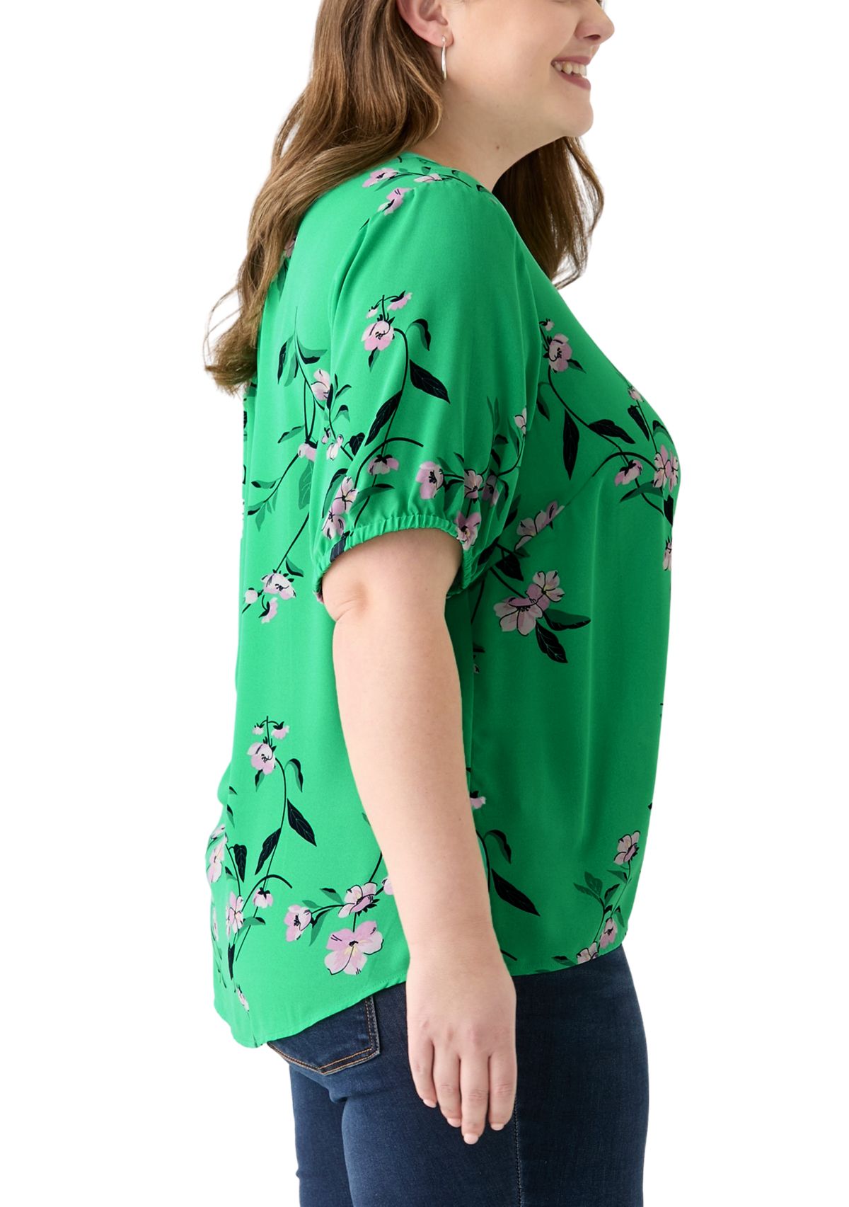 Plus Size Elbow Sleeve Split Neck Woven Blouse