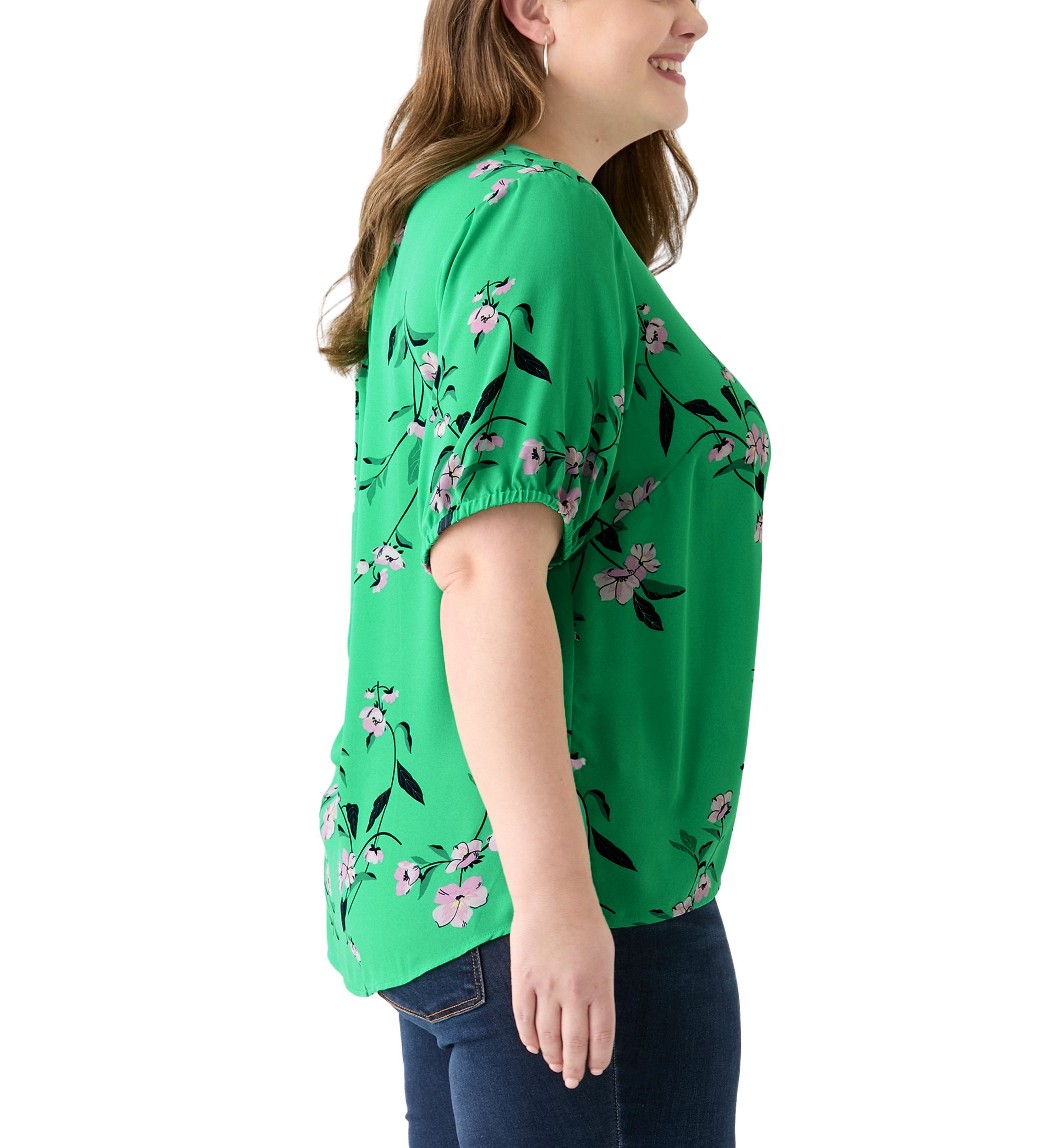 Plus Size Elbow Sleeve Split Neck Woven Blouse