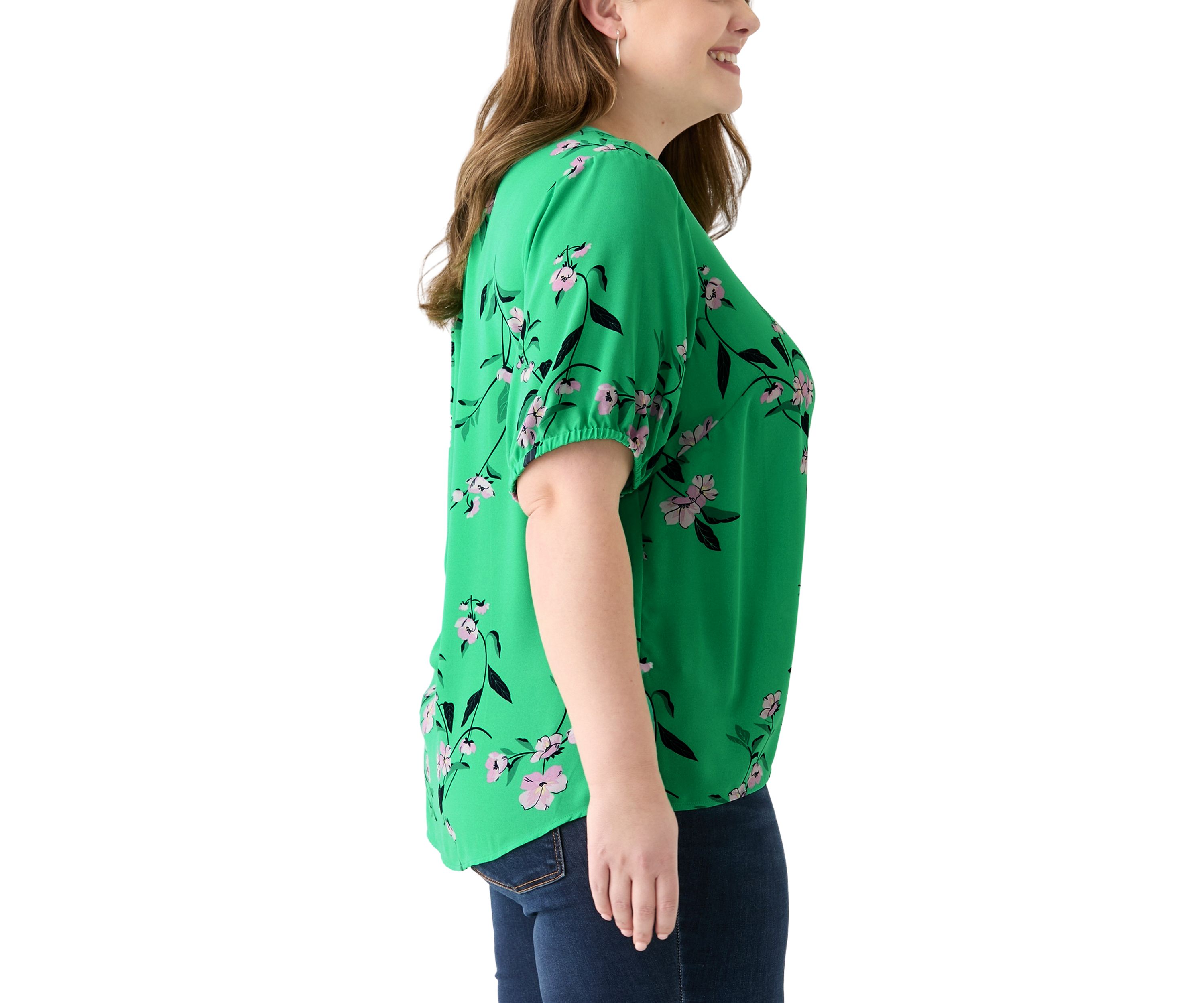Plus Size Elbow Sleeve Split Neck Woven Blouse