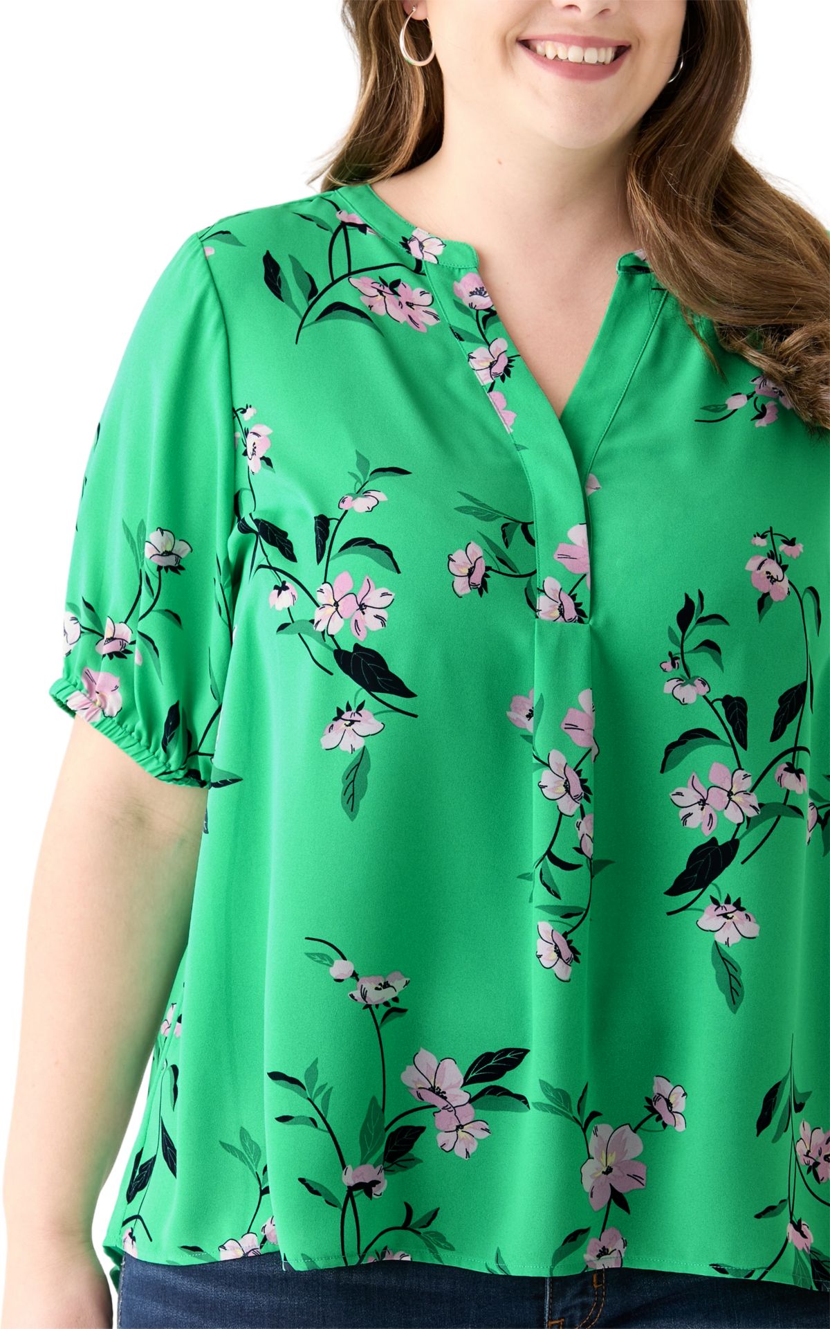 Plus Size Elbow Sleeve Split Neck Woven Blouse