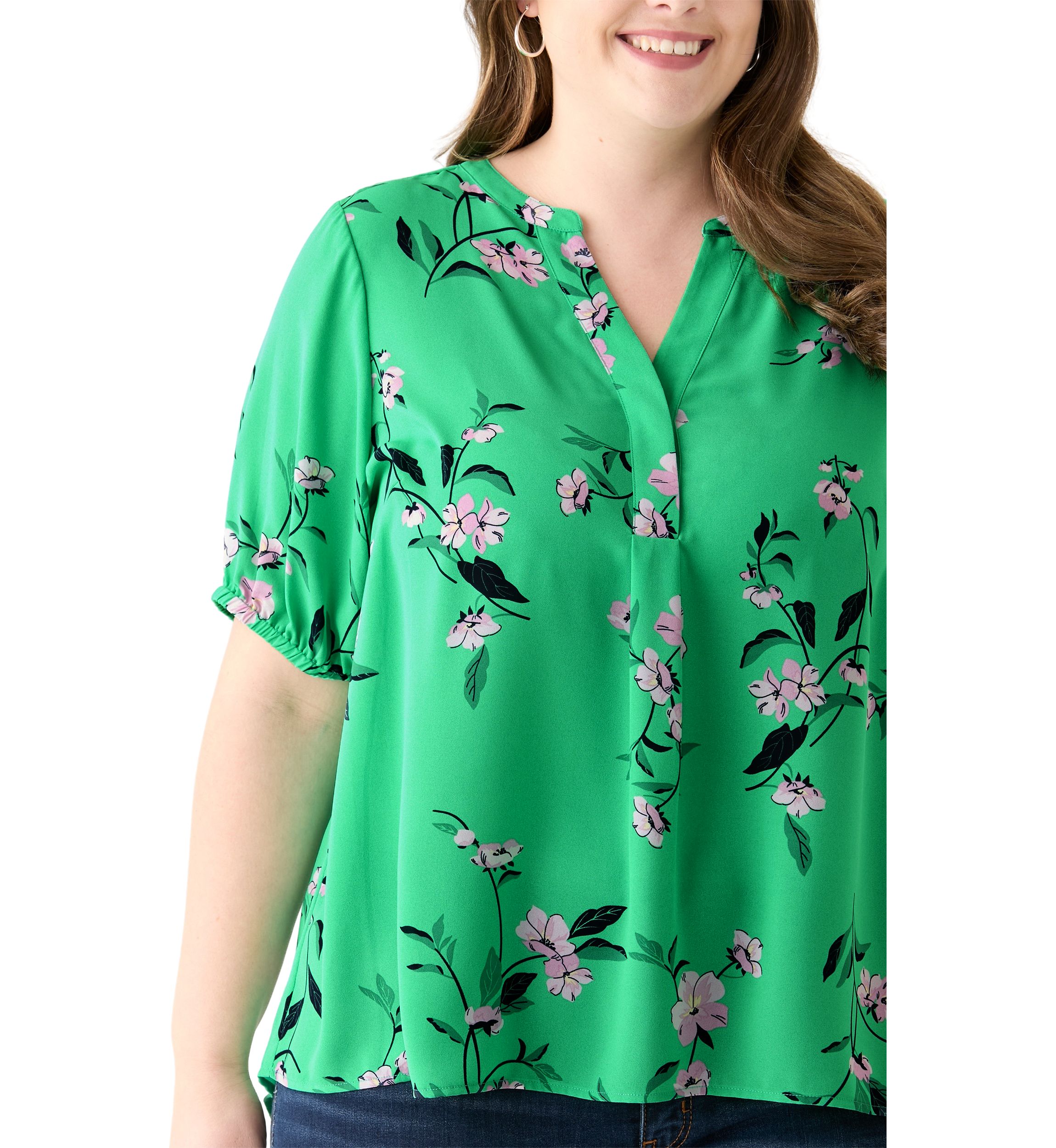 Plus Size Elbow Sleeve Split Neck Woven Blouse