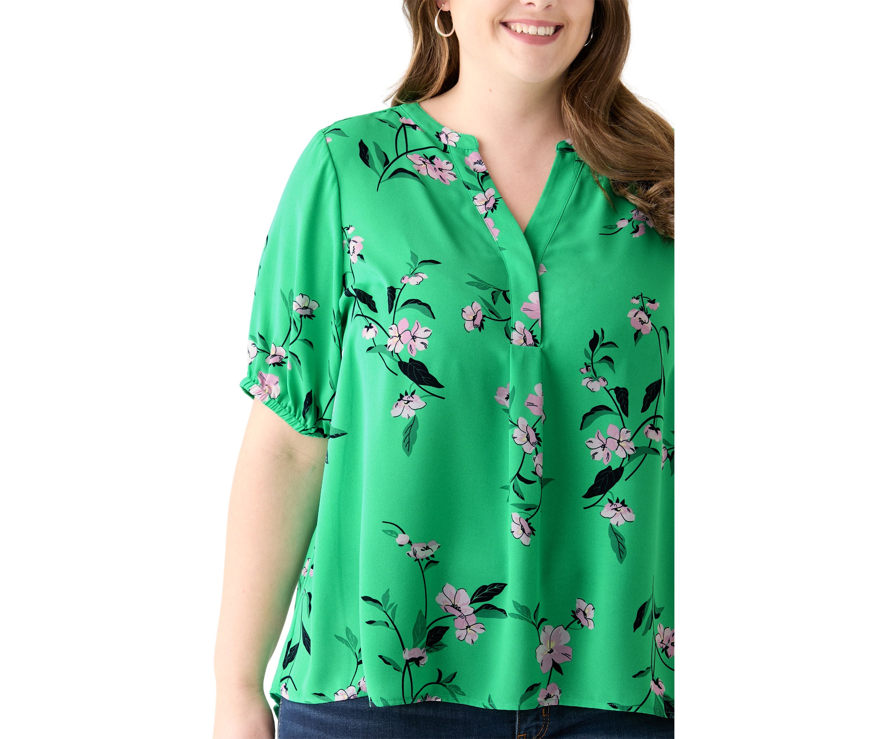 Plus Size Elbow Sleeve Split Neck Woven Blouse