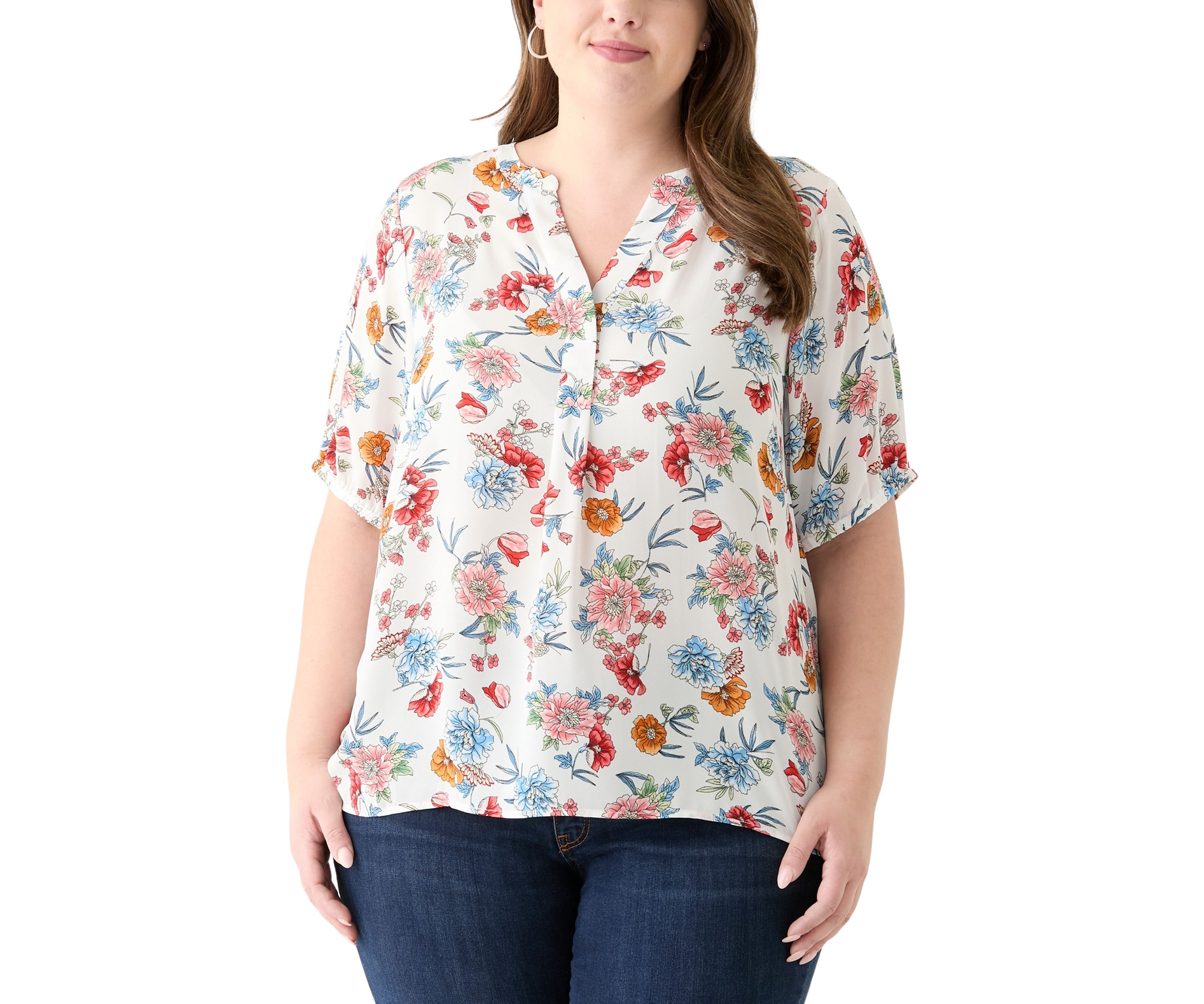Plus Size Elbow Sleeve Split Neck Woven Blouse 