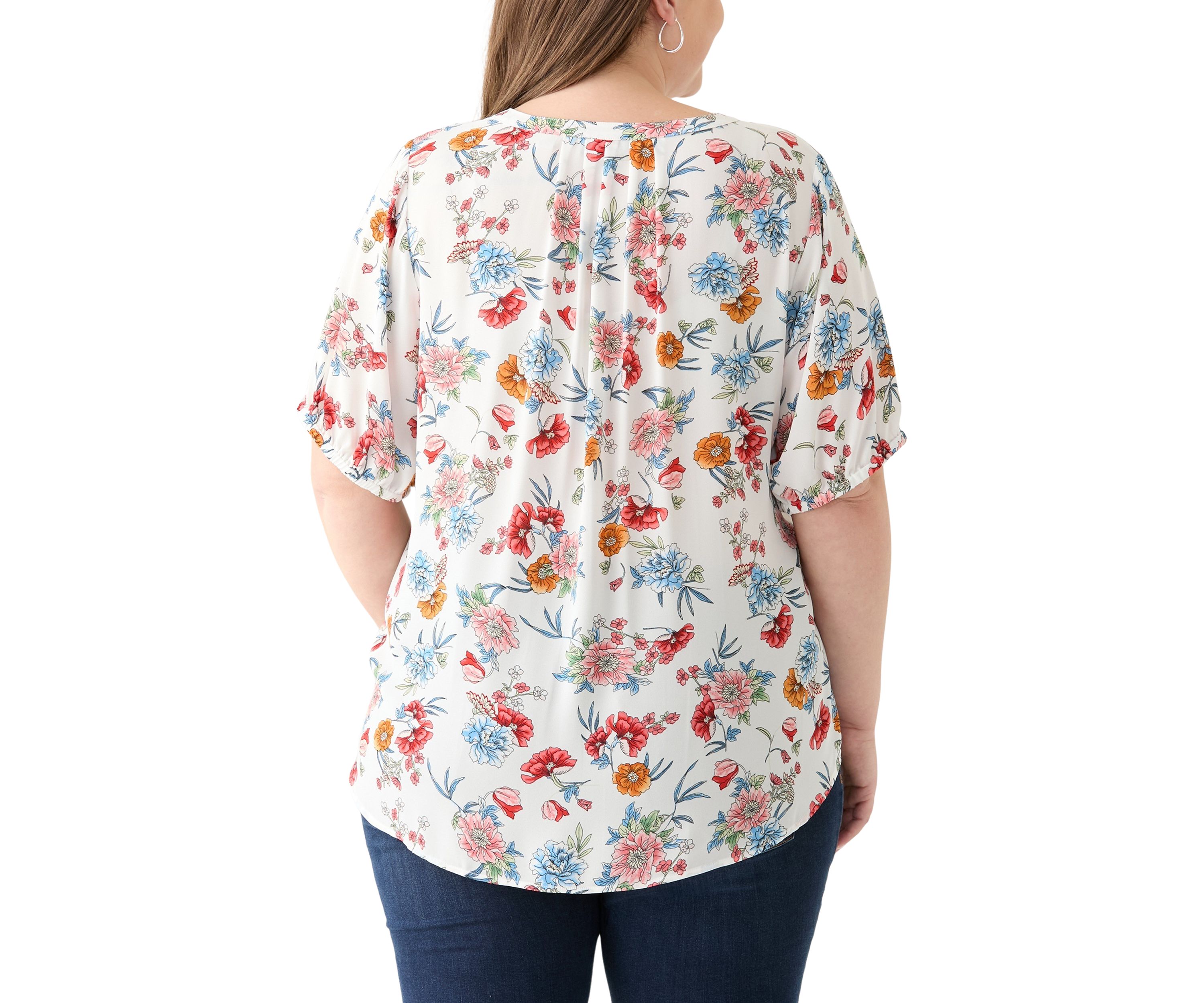 Plus Size Elbow Sleeve Split Neck Woven Blouse 
