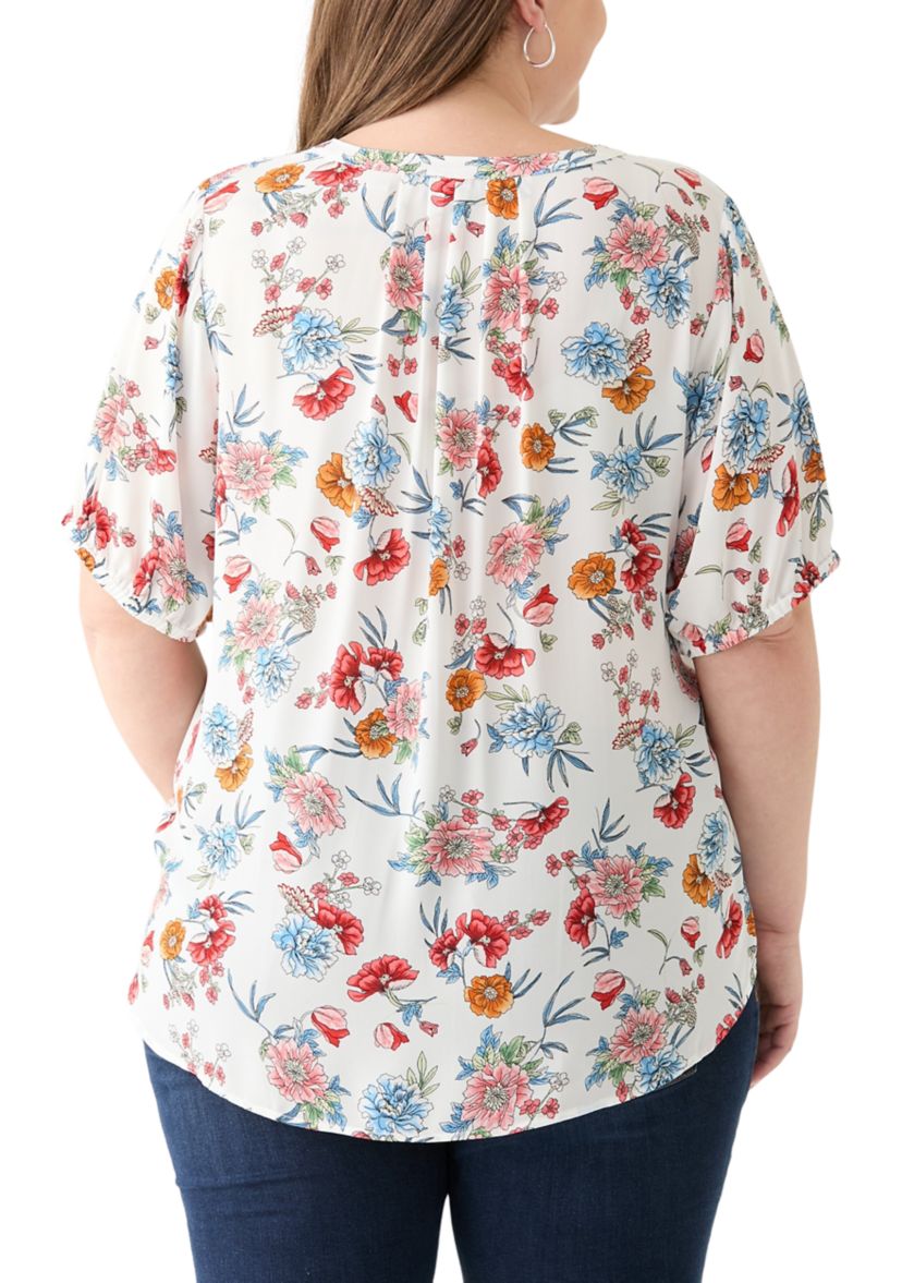 Plus Size Elbow Sleeve Split Neck Woven Blouse 