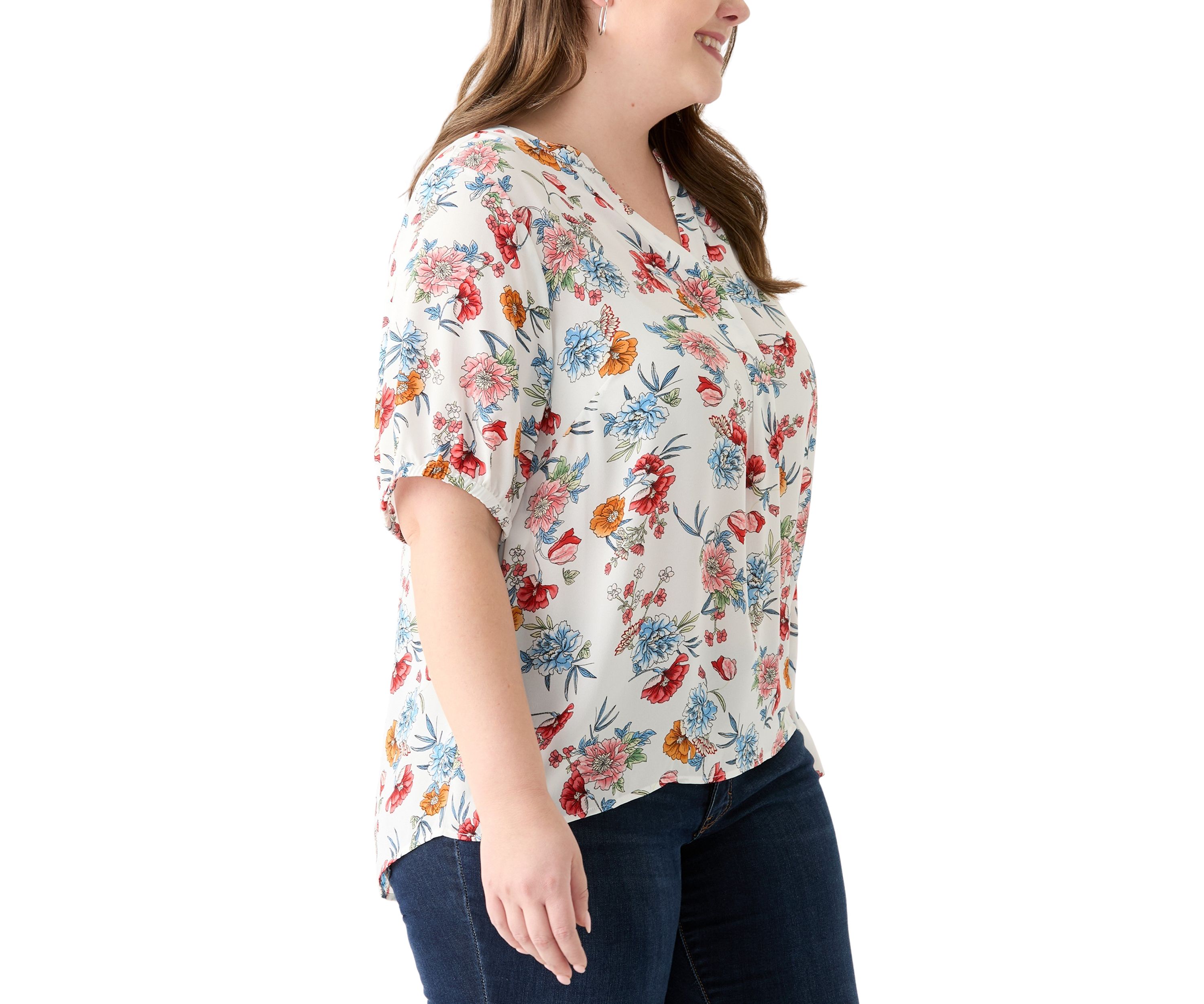 Plus Size Elbow Sleeve Split Neck Woven Blouse 