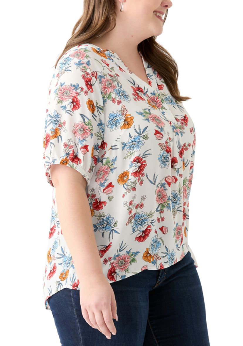 Plus Size Elbow Sleeve Split Neck Woven Blouse 