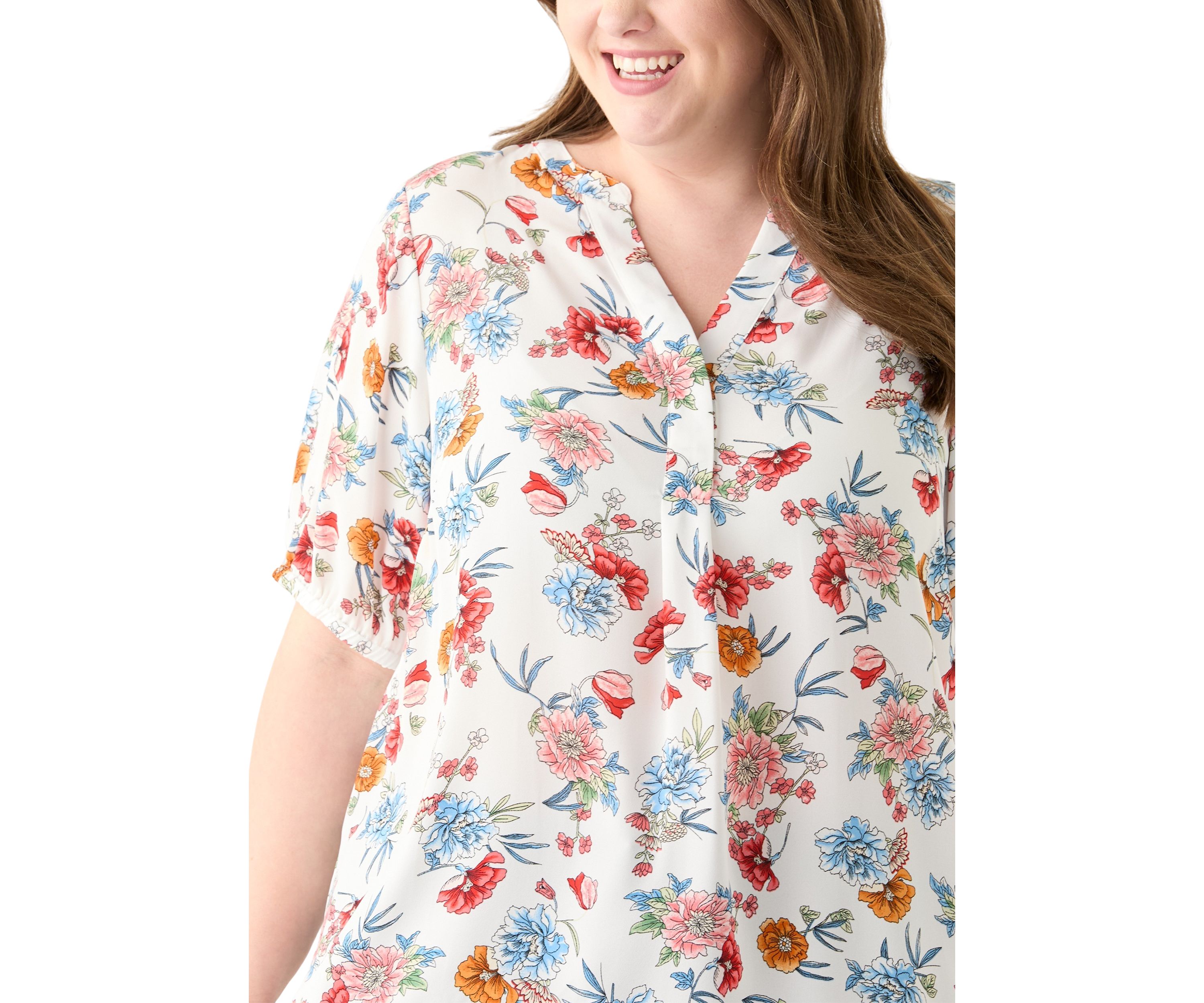 Plus Size Elbow Sleeve Split Neck Woven Blouse 