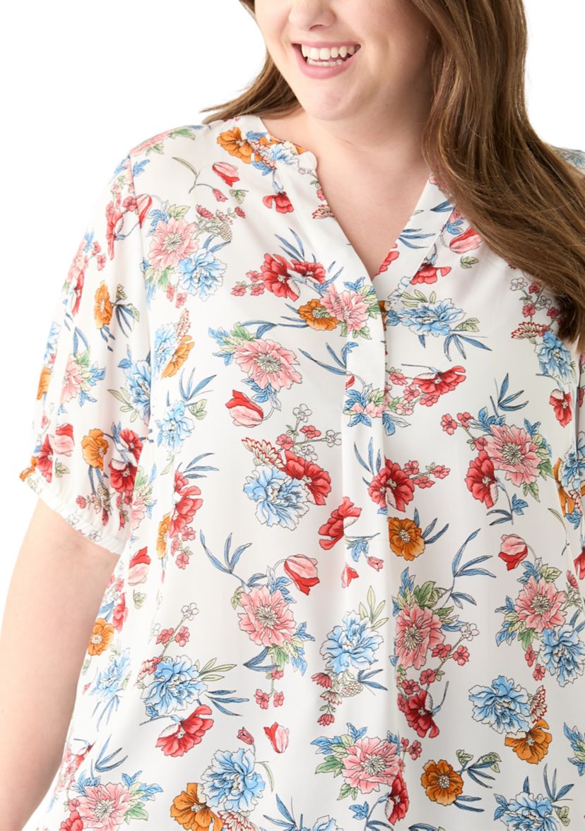 Plus Size Elbow Sleeve Split Neck Woven Blouse 