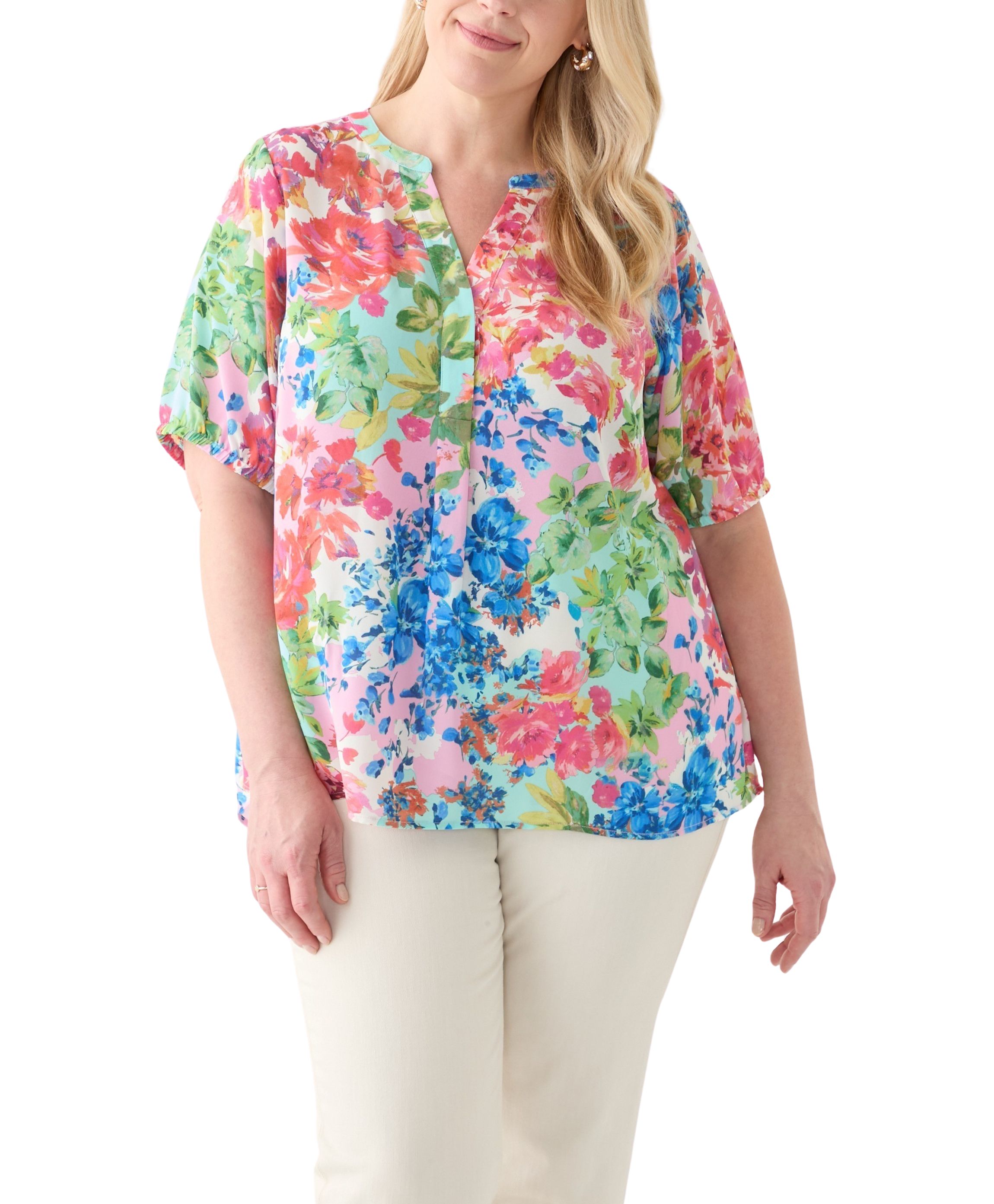 Plus Size Elbow Sleeve Split Neck Woven Blouse