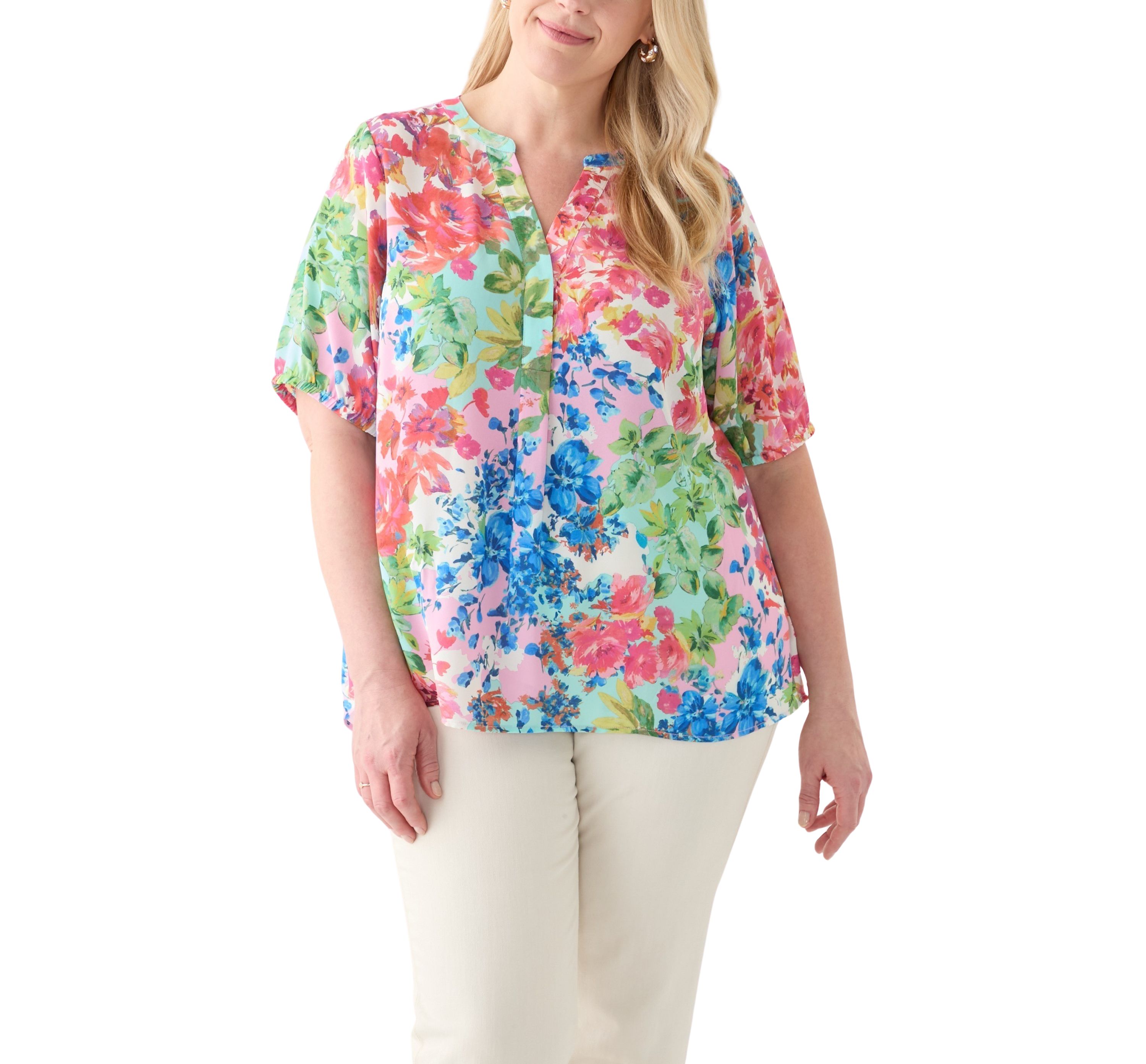 Plus Size Elbow Sleeve Split Neck Woven Blouse