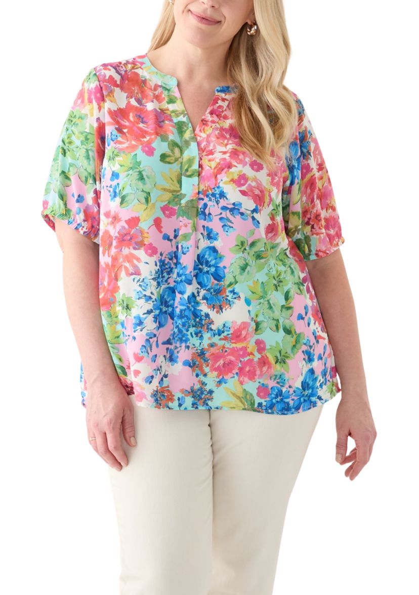 Plus Size Elbow Sleeve Split Neck Woven Blouse
