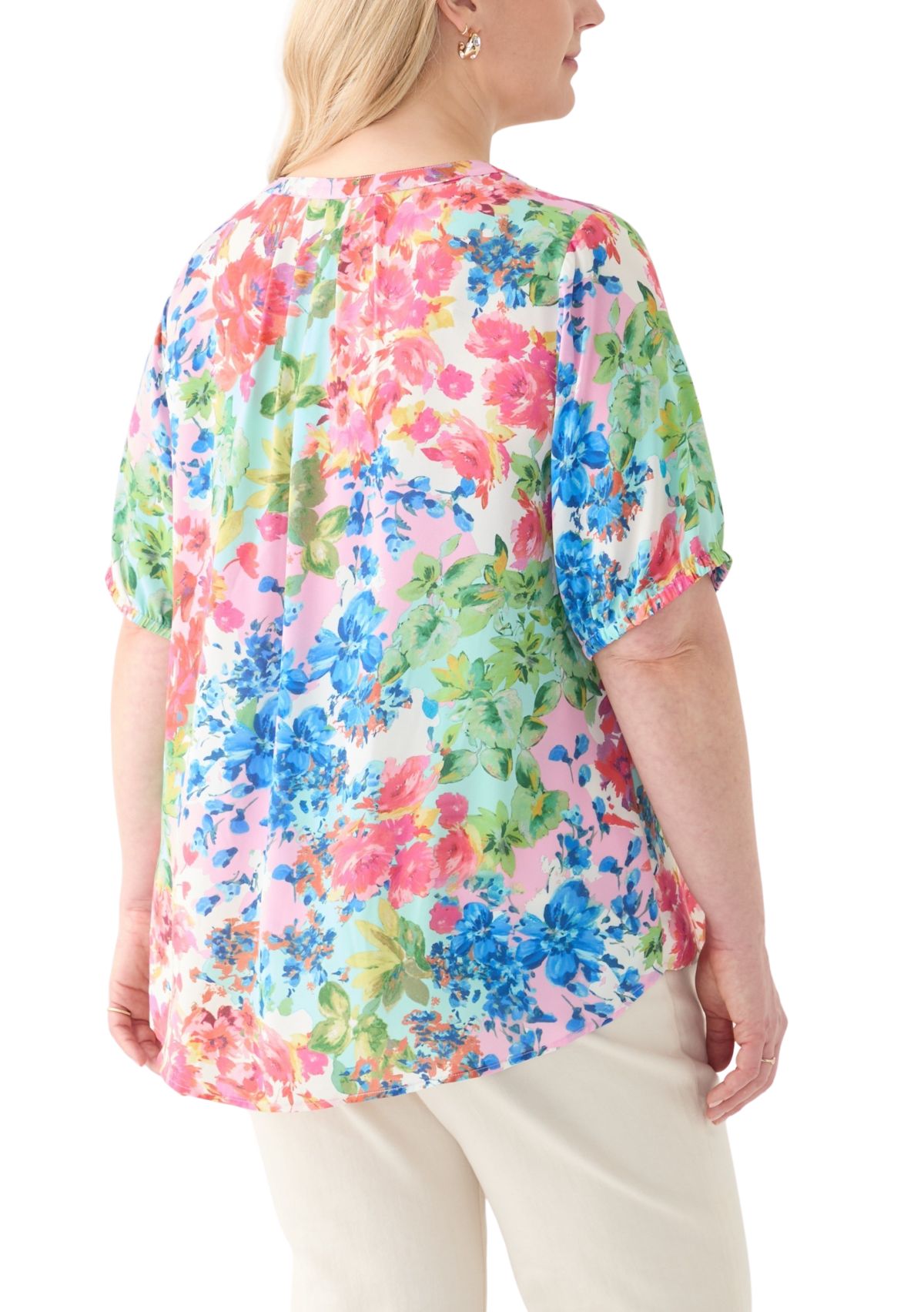 Plus Size Elbow Sleeve Split Neck Woven Blouse
