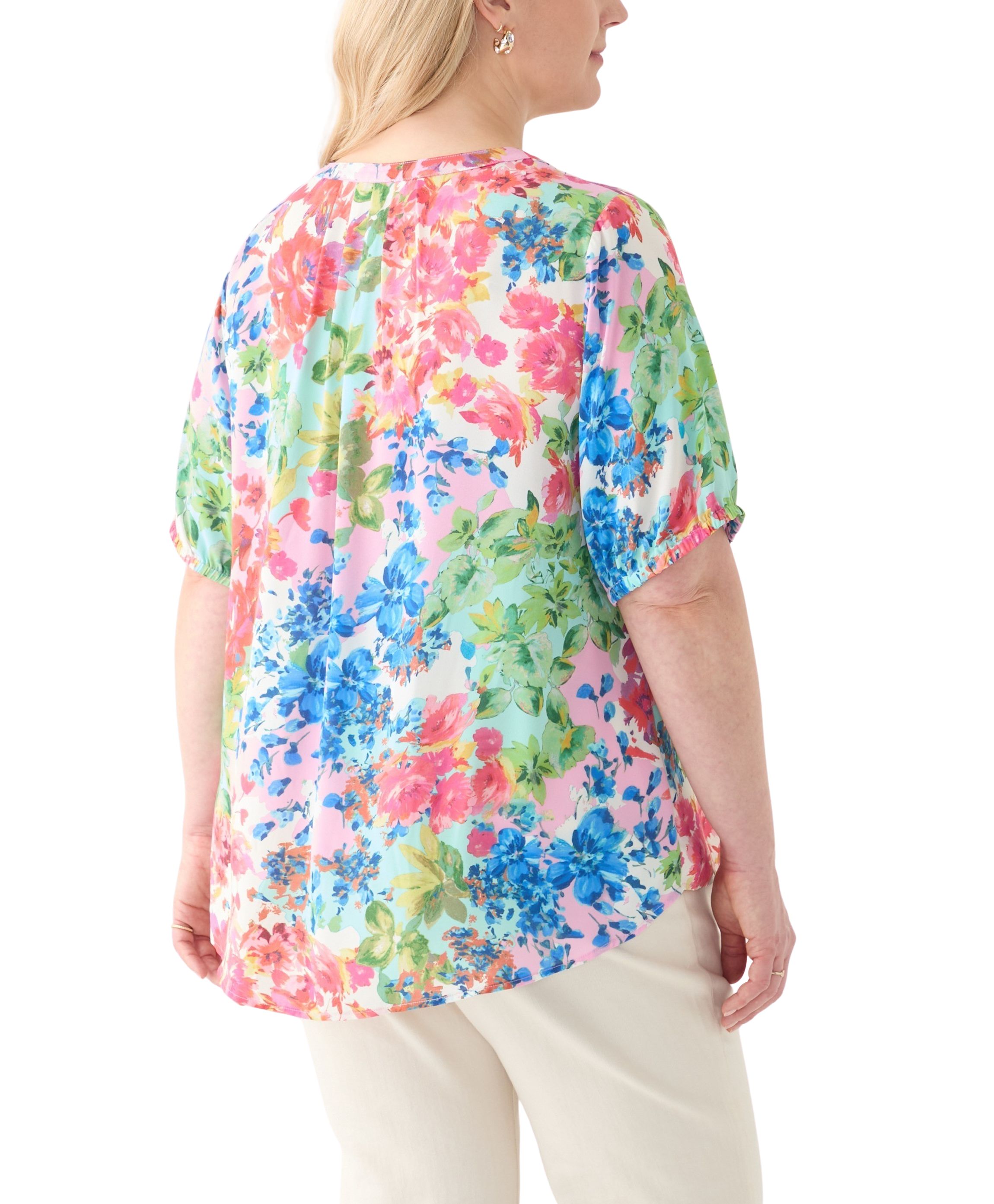 Plus Size Elbow Sleeve Split Neck Woven Blouse
