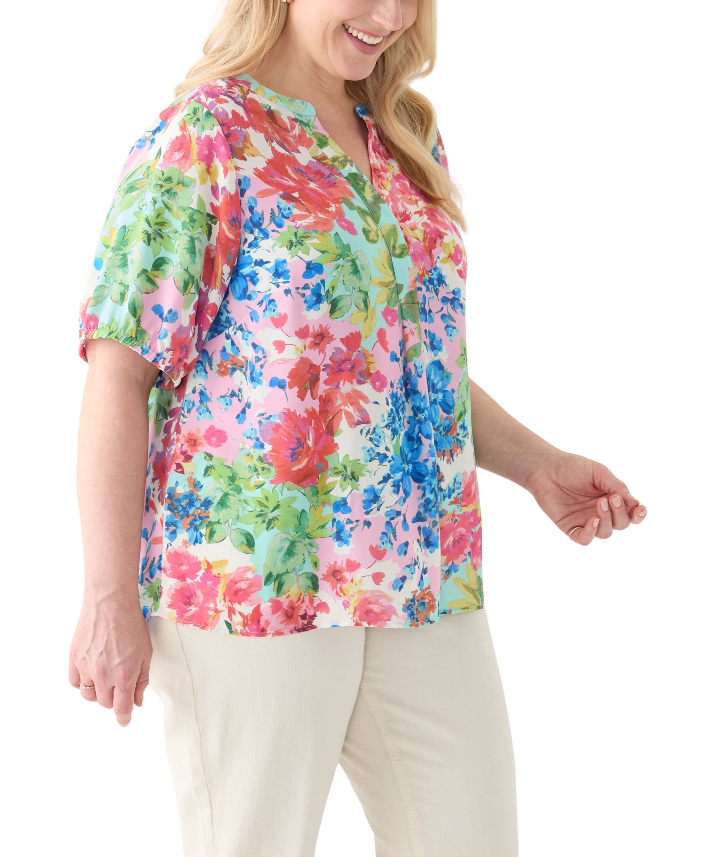 Plus Size Elbow Sleeve Split Neck Woven Blouse