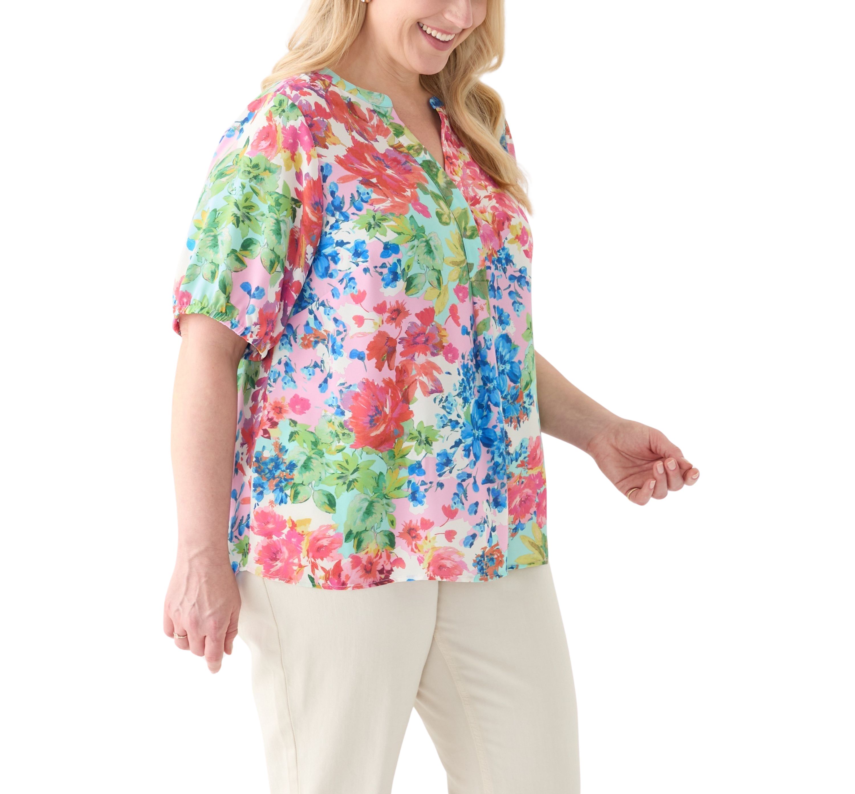 Plus Size Elbow Sleeve Split Neck Woven Blouse