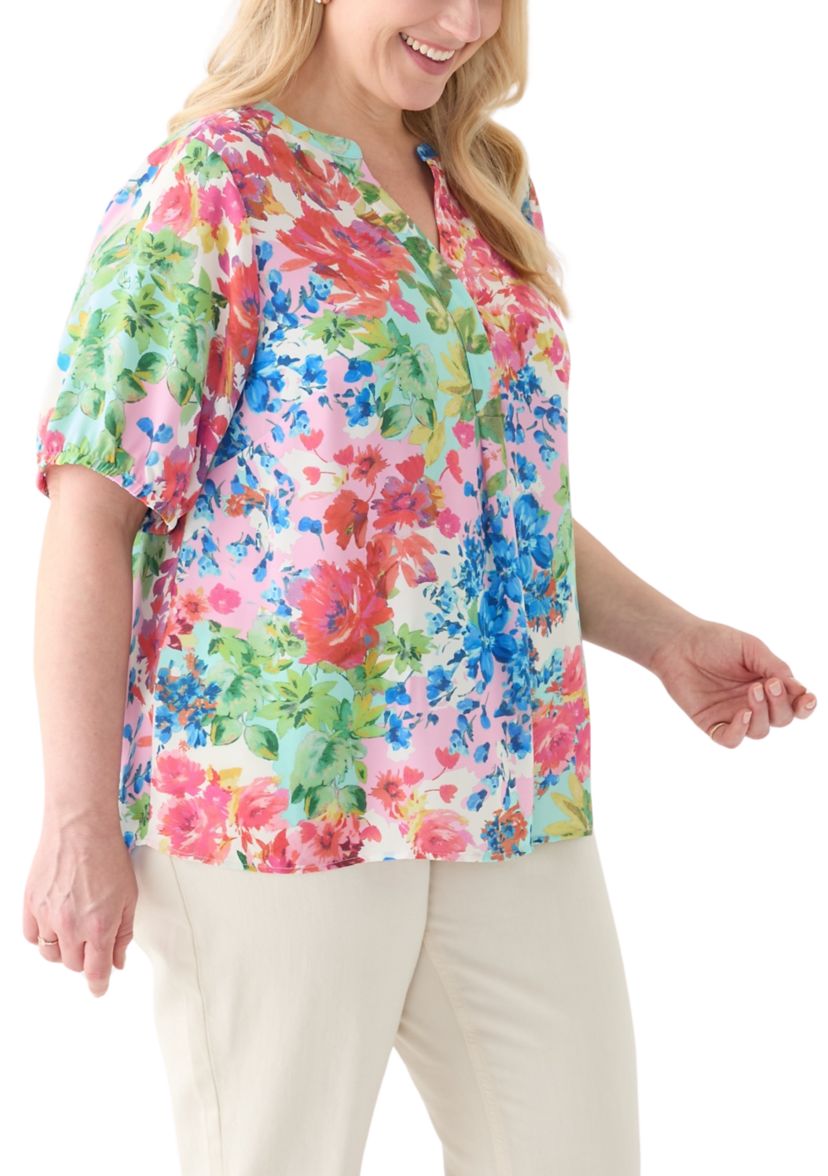 Plus Size Elbow Sleeve Split Neck Woven Blouse