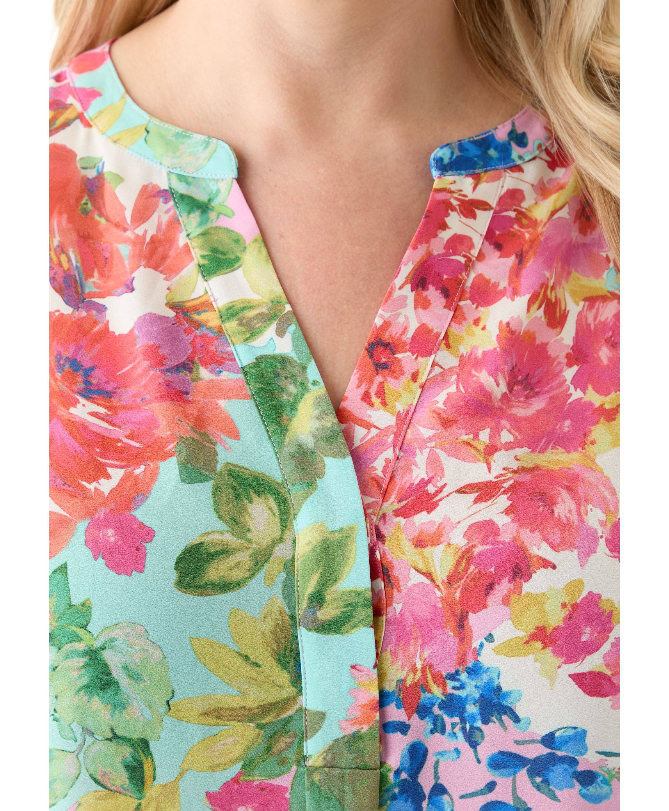 Plus Size Elbow Sleeve Split Neck Woven Blouse