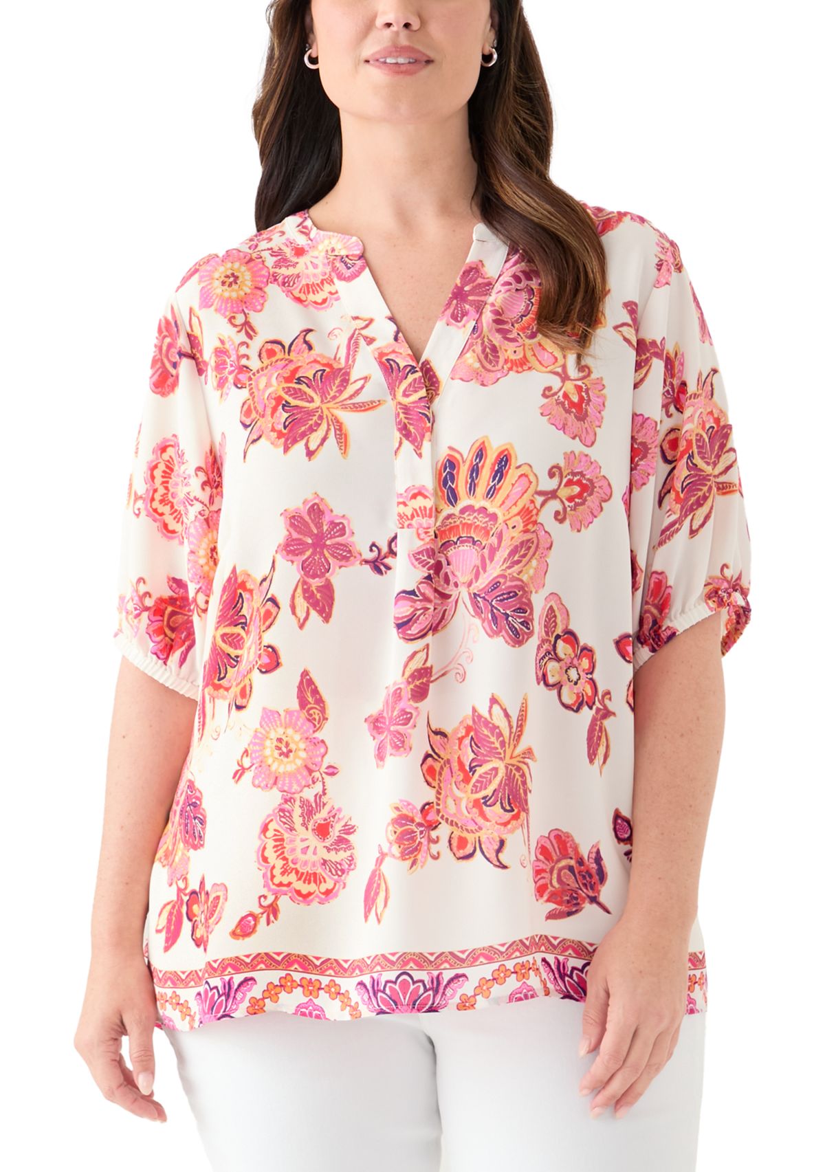 Plus Size Printed Elbow Sleeve Split Neck Top