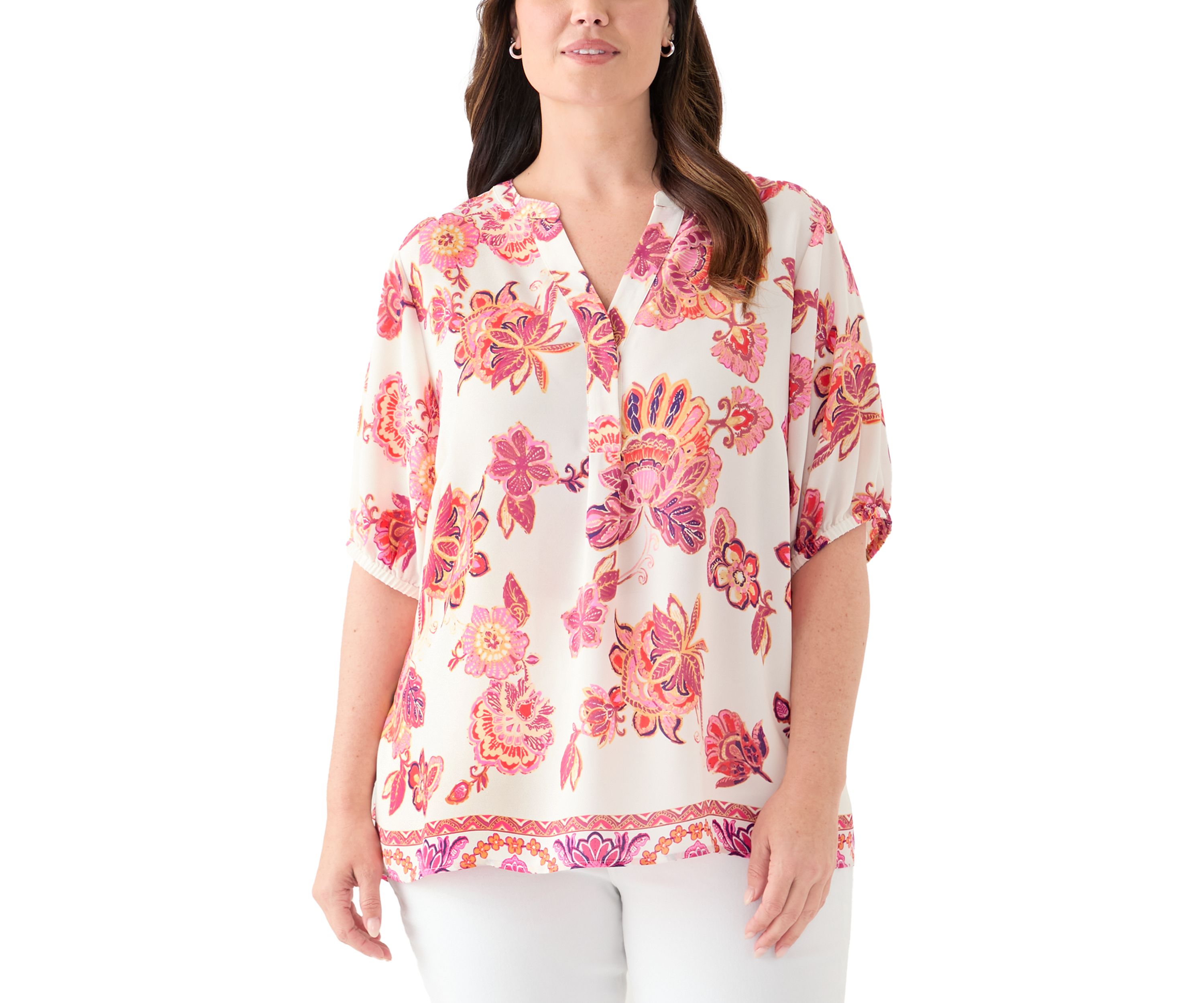 Plus Size Printed Elbow Sleeve Split Neck Top