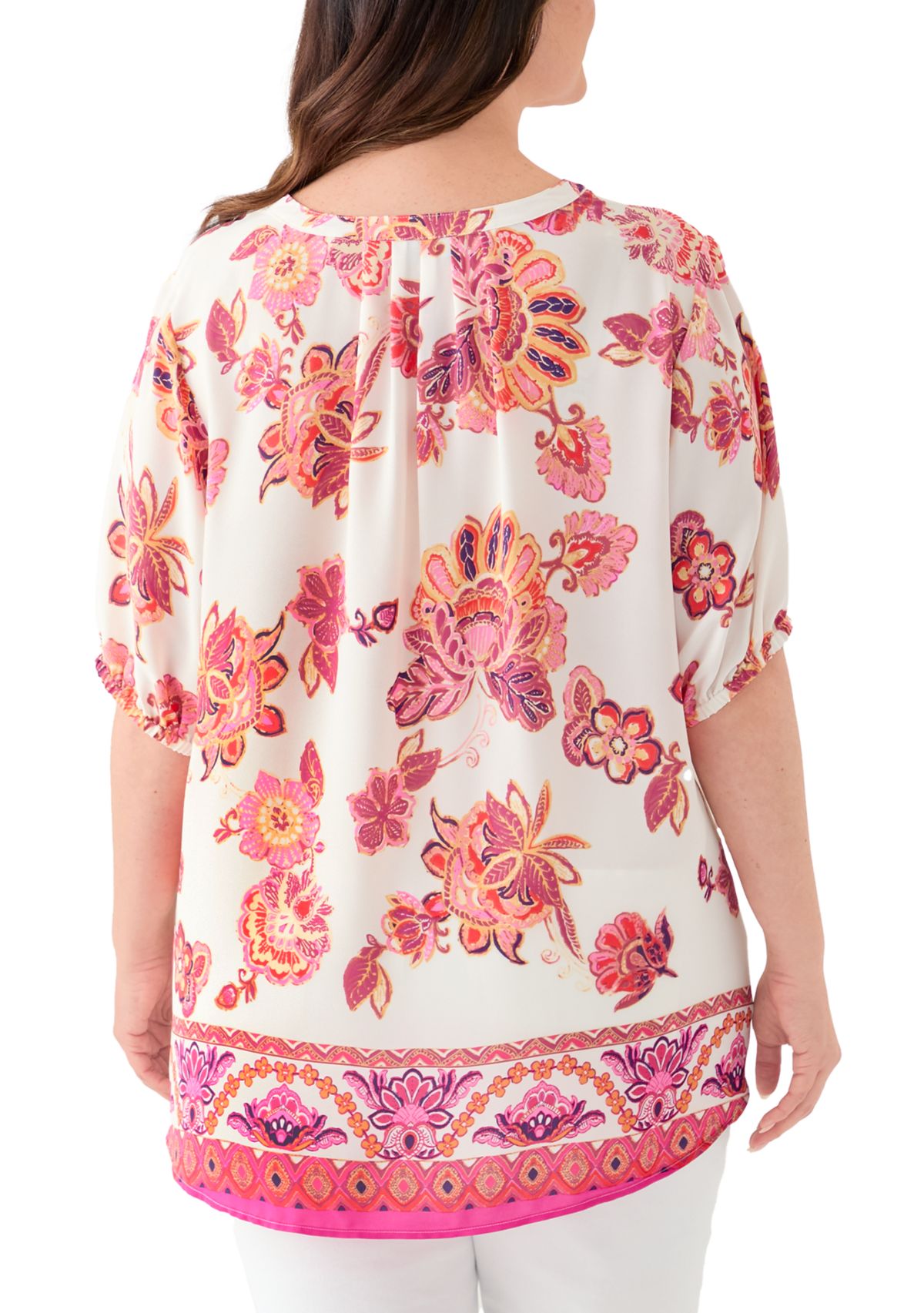 Plus Size Printed Elbow Sleeve Split Neck Top