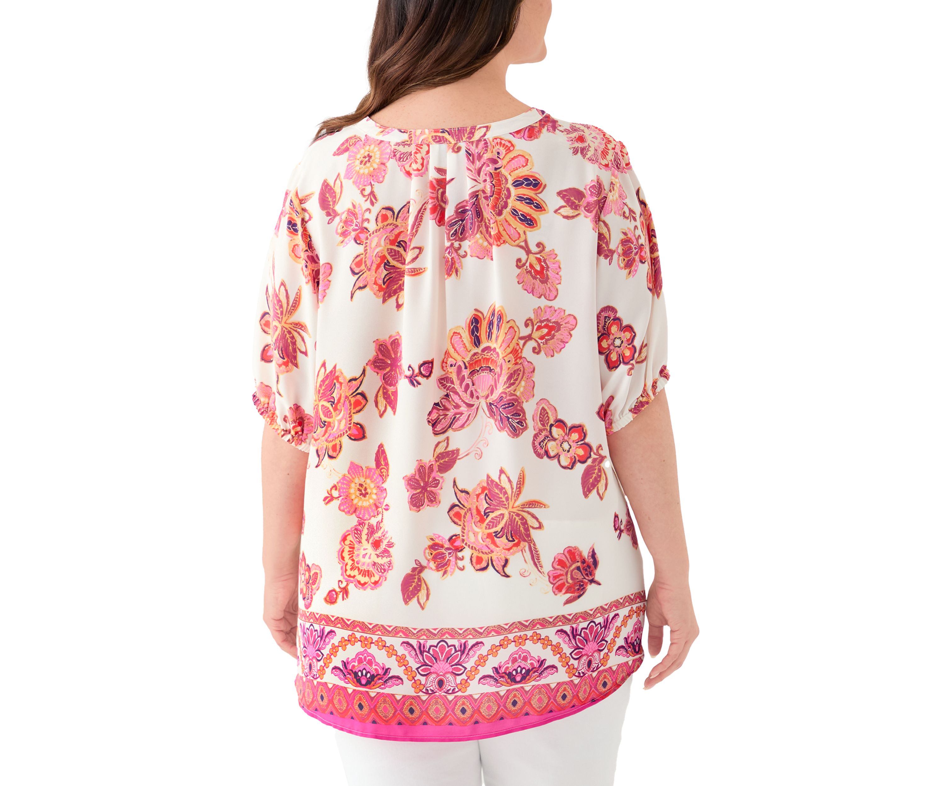 Plus Size Printed Elbow Sleeve Split Neck Top