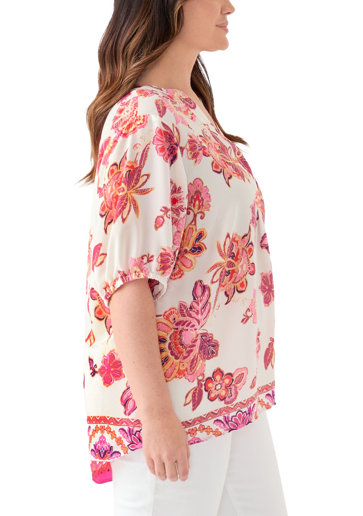 Plus Size Printed Elbow Sleeve Split Neck Top