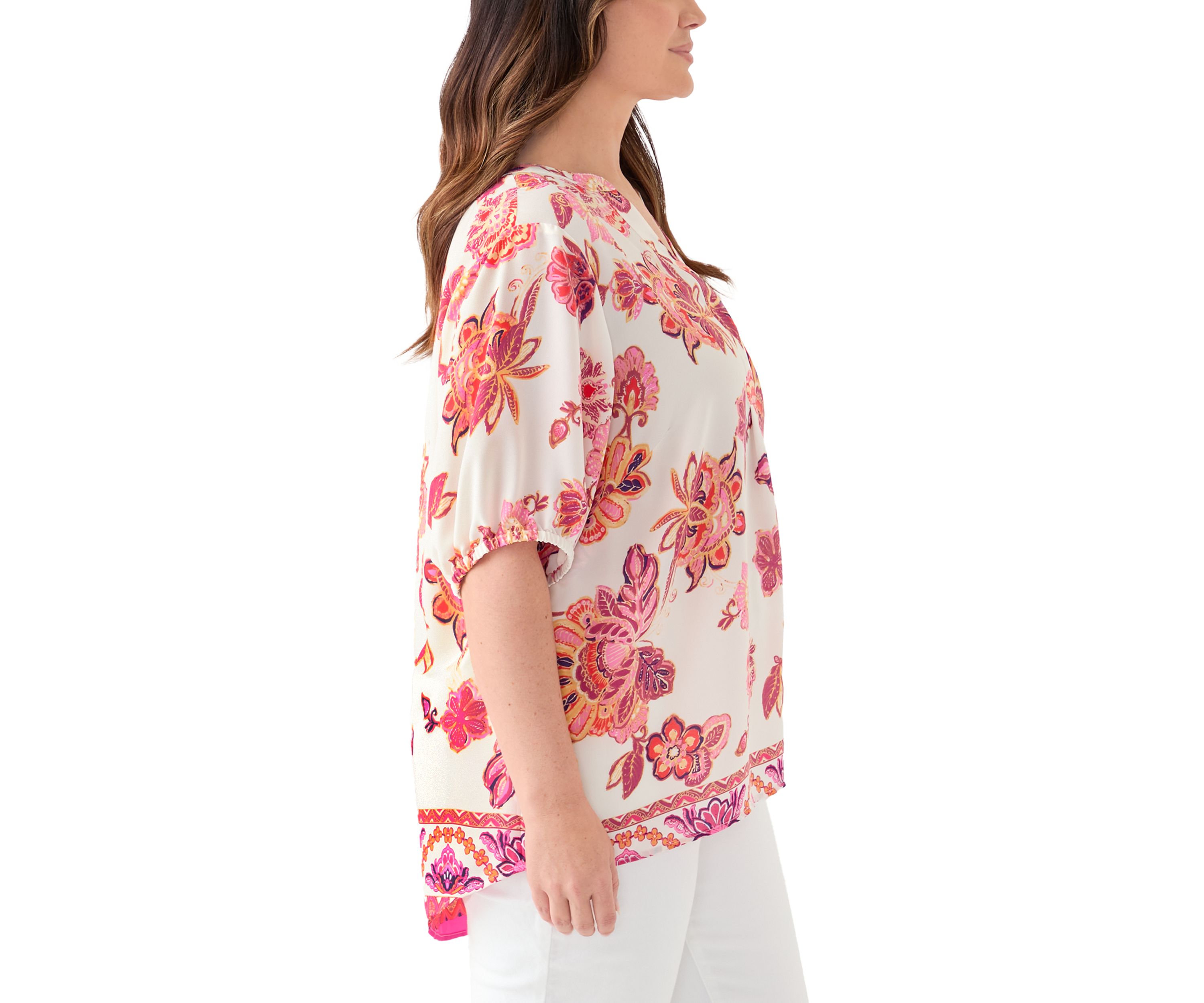 Plus Size Printed Elbow Sleeve Split Neck Top