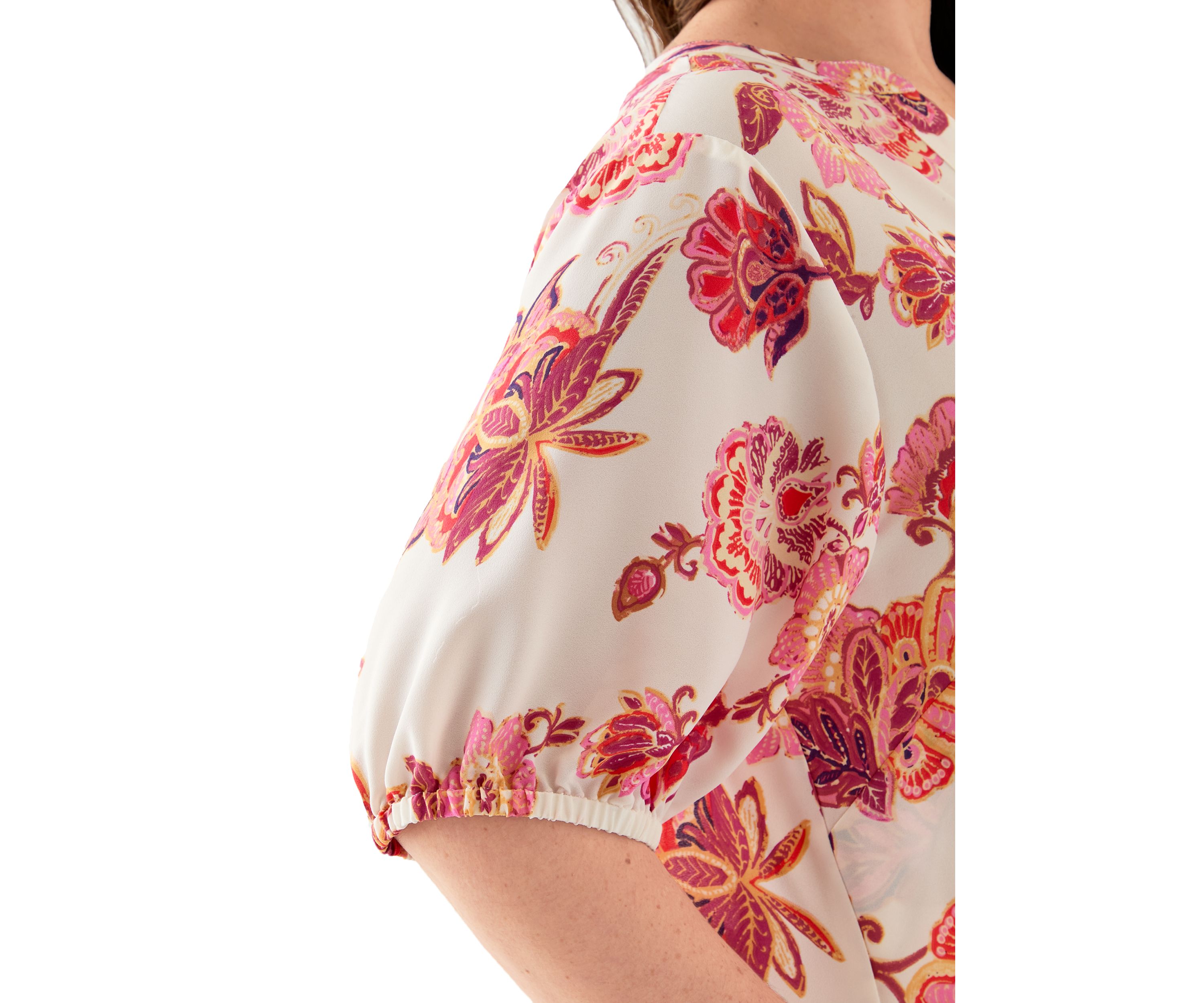 Plus Size Printed Elbow Sleeve Split Neck Top