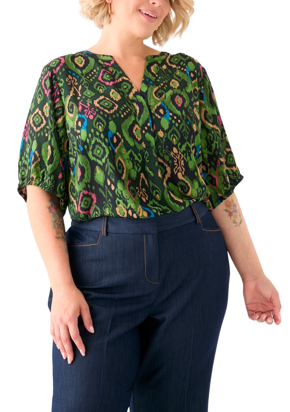 Plus Size Elbow Sleeve Split Neck Woven Blouse 