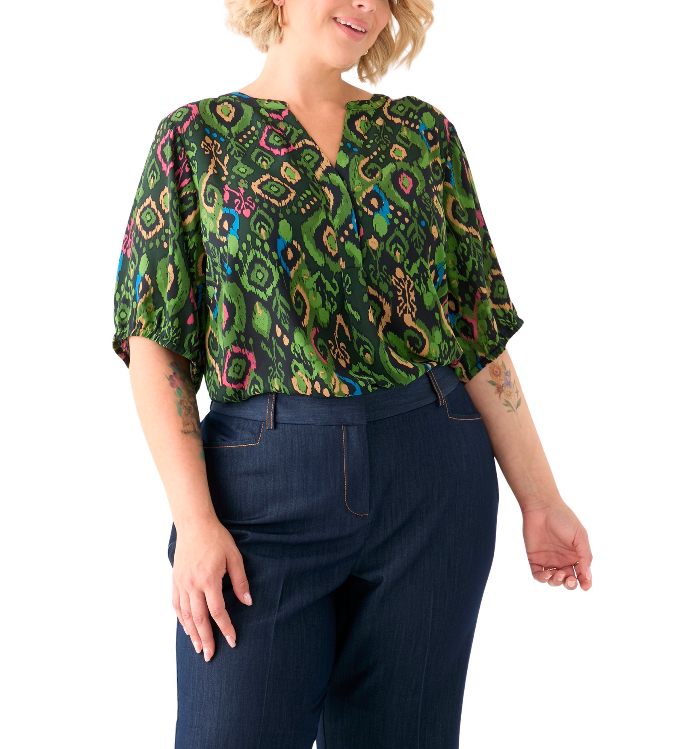 Plus Size Elbow Sleeve Split Neck Woven Blouse 