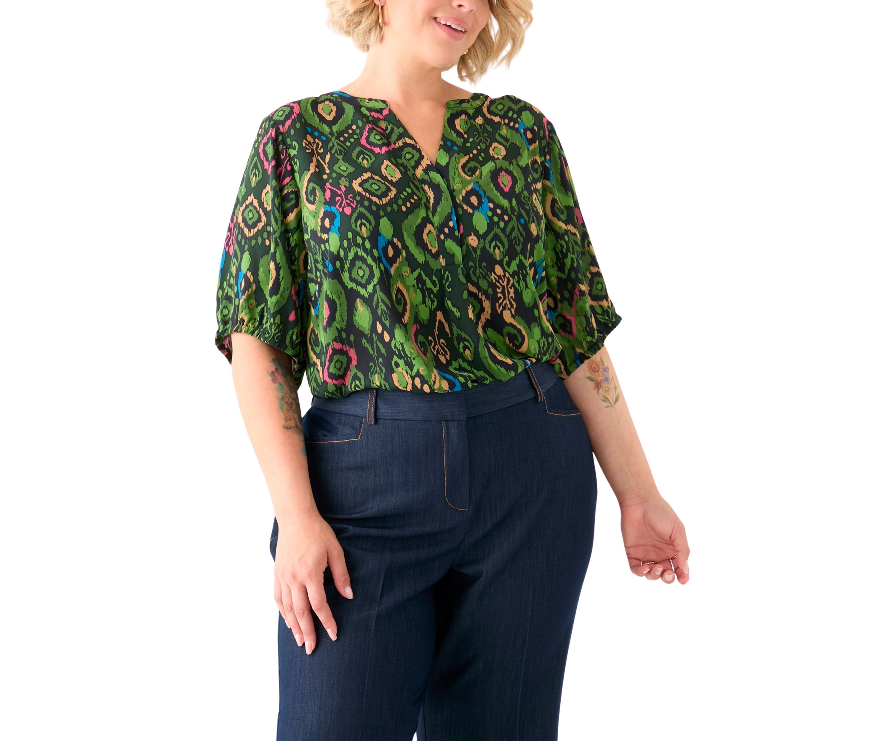 Plus Size Elbow Sleeve Split Neck Woven Blouse 