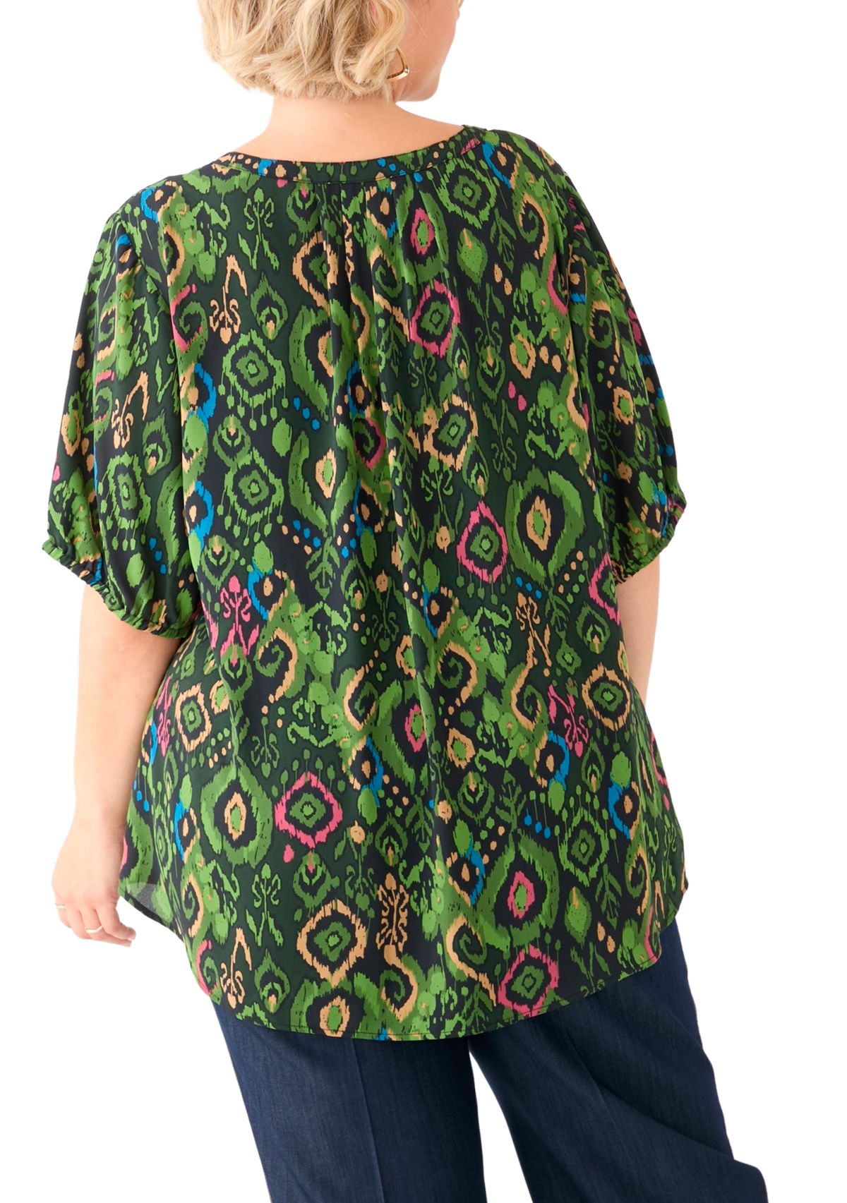 Plus Size Elbow Sleeve Split Neck Woven Blouse 