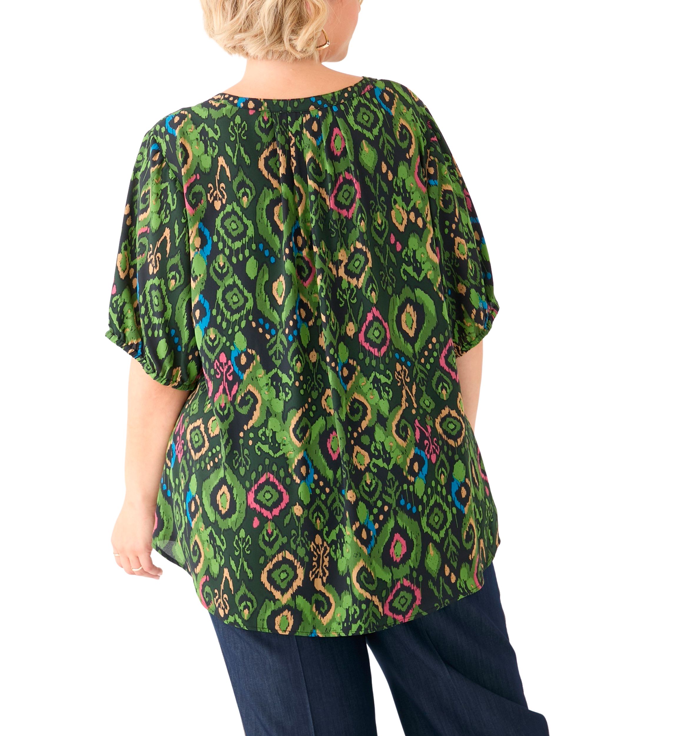 Plus Size Elbow Sleeve Split Neck Woven Blouse 
