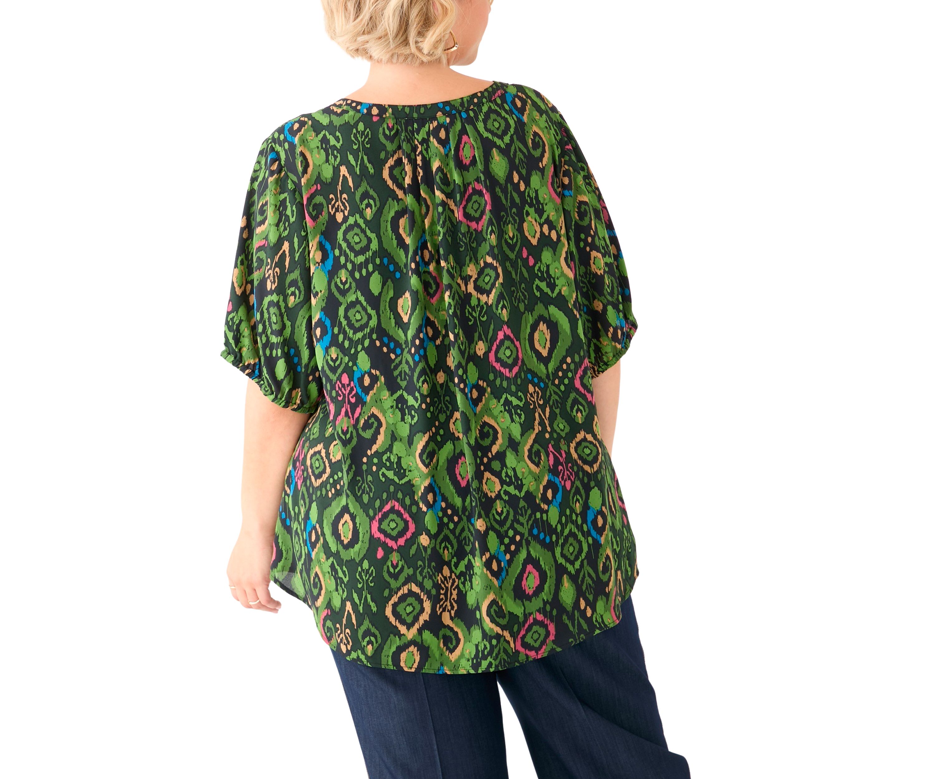 Plus Size Elbow Sleeve Split Neck Woven Blouse 
